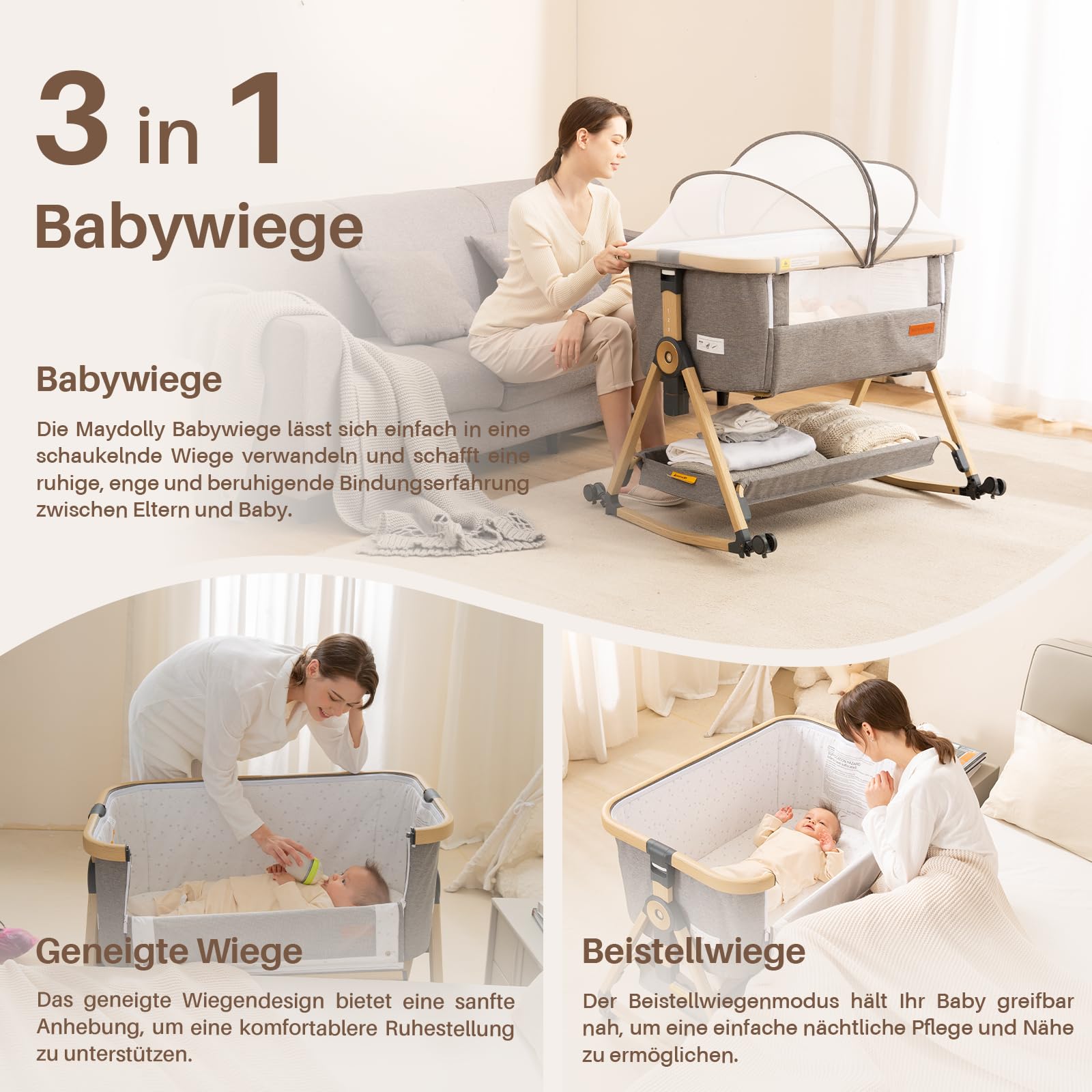 Maydolly baby side bed,3-in-1cot,baby bed with soft mattress, with