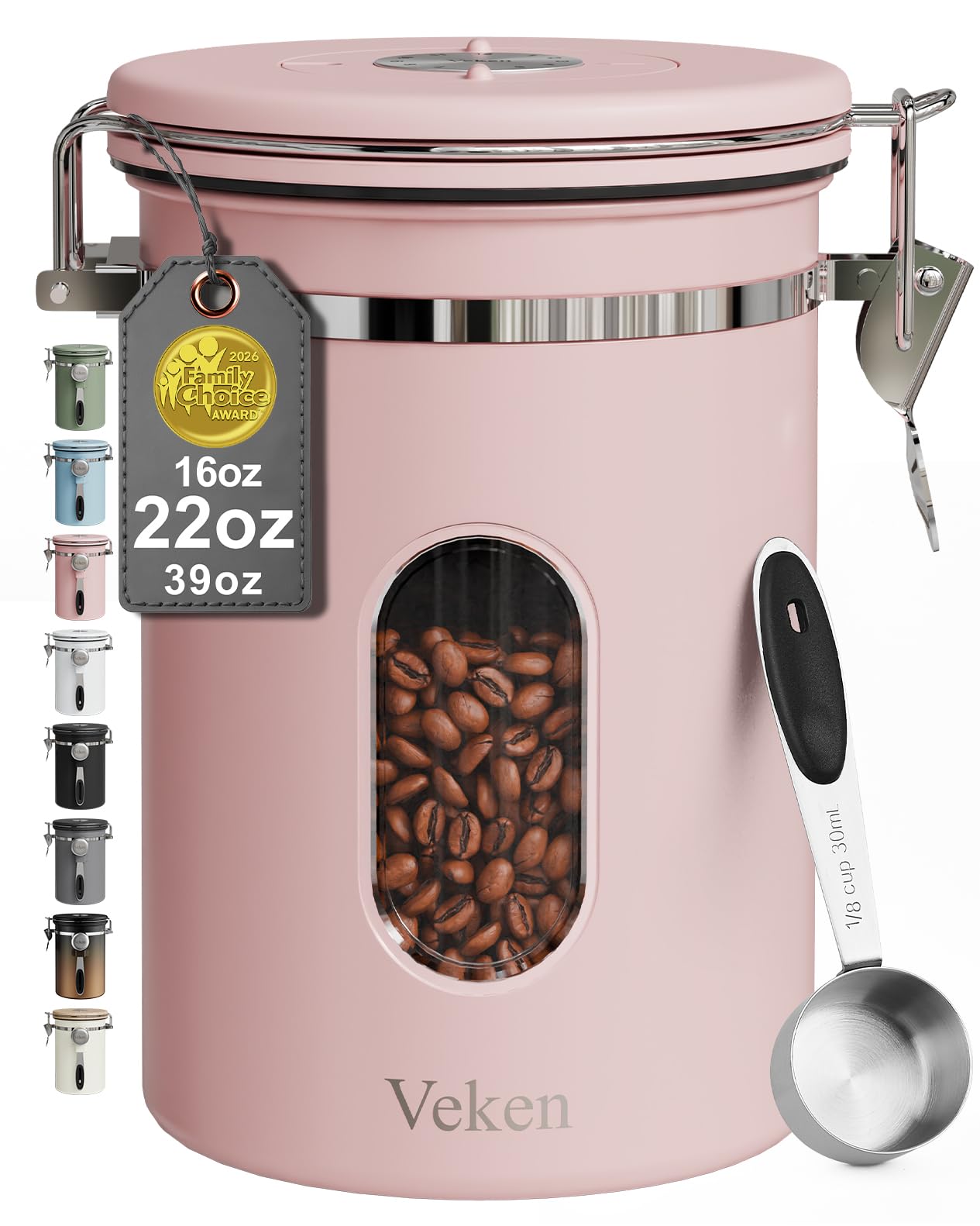 Veken Coffee Canister with Window, Airtight Stainless Steel Container, 22OZ