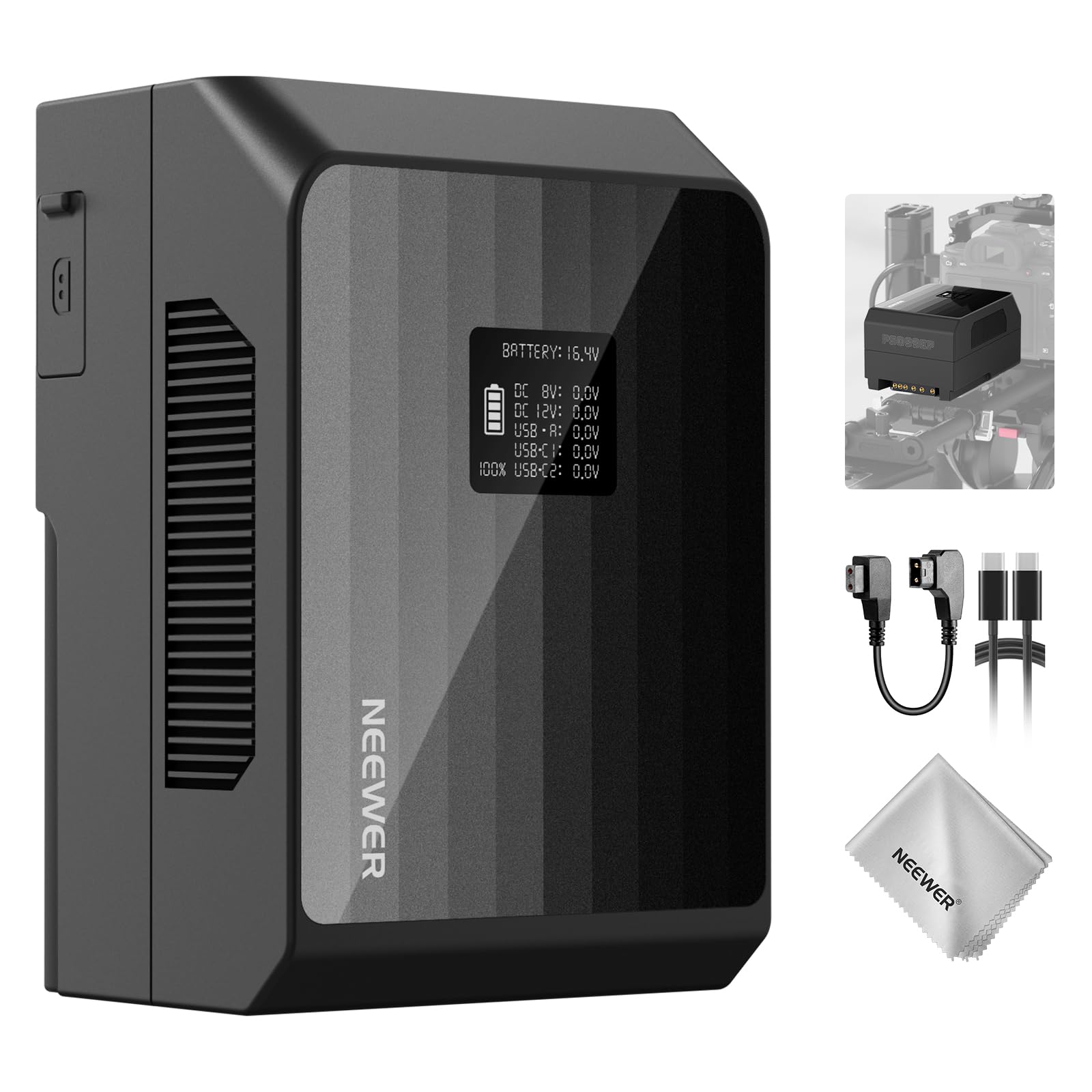 NEEWER PS099EP Mini V Mount Battery, Batteria V Lock 6800mAh 99Wh, Ricarica Rapida PD 100W, Due USB C/D Tap/BP/USB A/Doppio DC/Schermo OLED/Panno Pulizia per Videocamera Fotocamera Monitor Luce Video