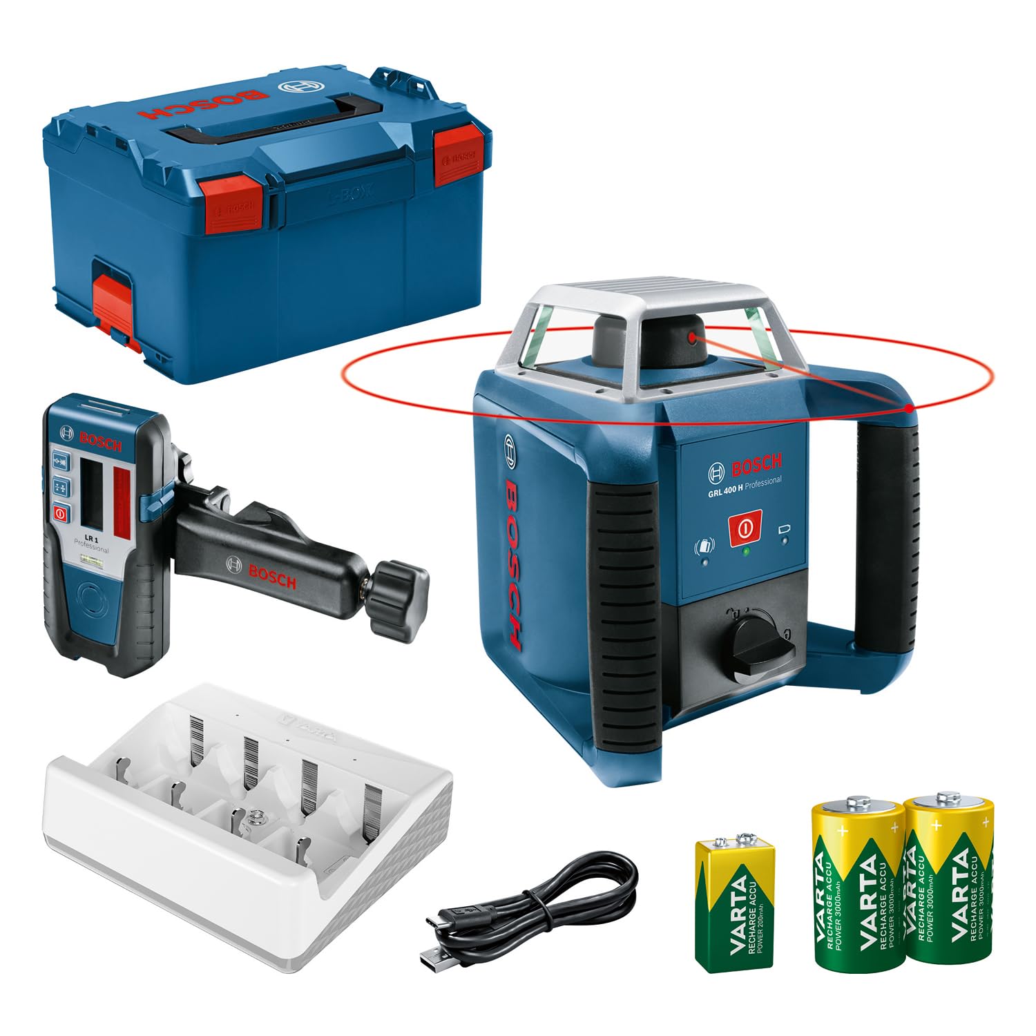 Bosch Professional Laser obrotowy GRL 400 H (jeden przycisk obsługowy, LR 1, zasięg pracy: do 400 m (średnica), akumulatorki ładowane (2xD, 1x9V), ładowarka, L-Boxx)
