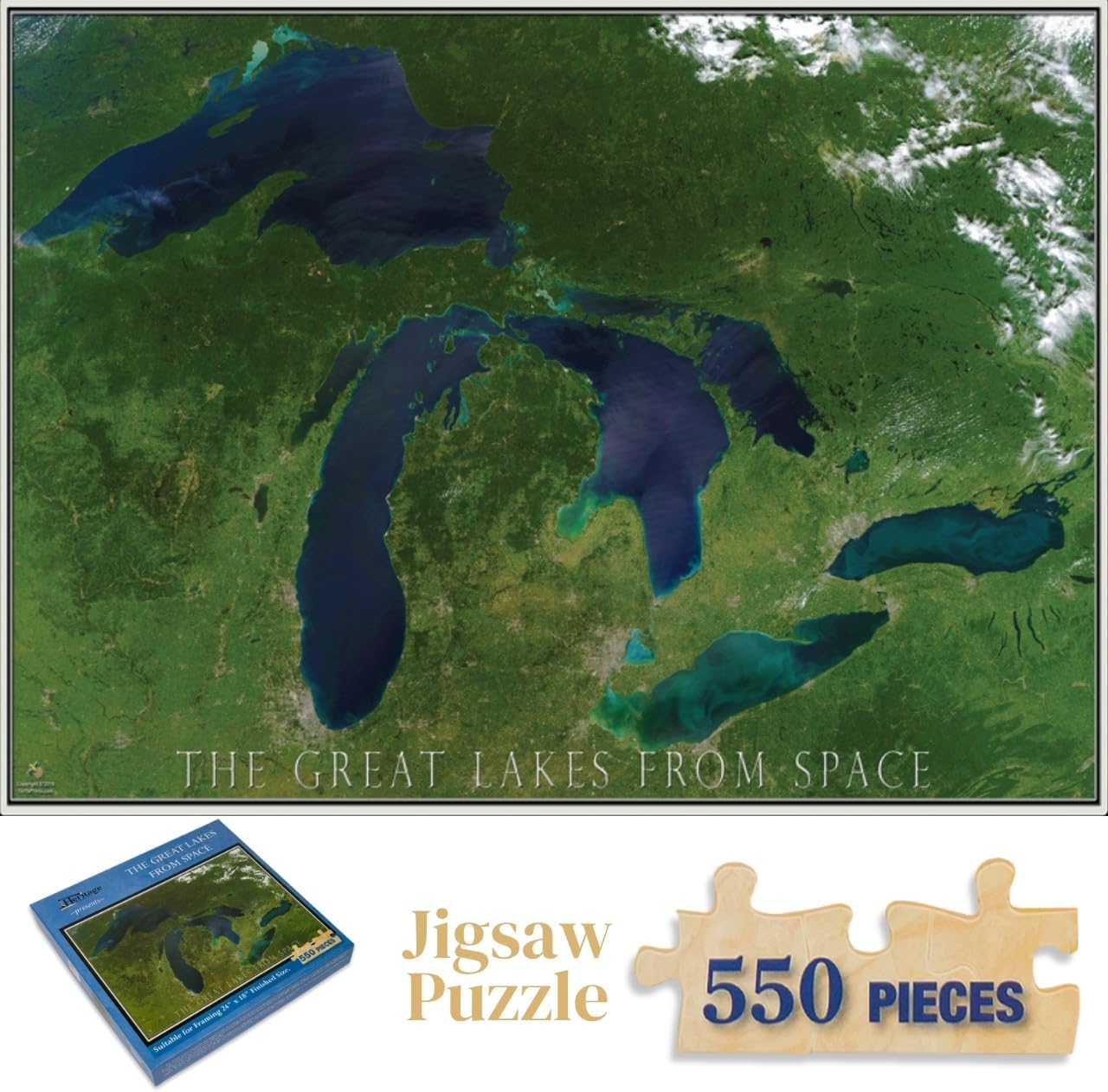 Heritage Puzzle - The Great Lakes from Space - 550 Piece Puzzles for Adults - Scenic Satellite Image Puzzle of Lake Superior, Lake Michigan and More - 18"" x 24"" Finished Size