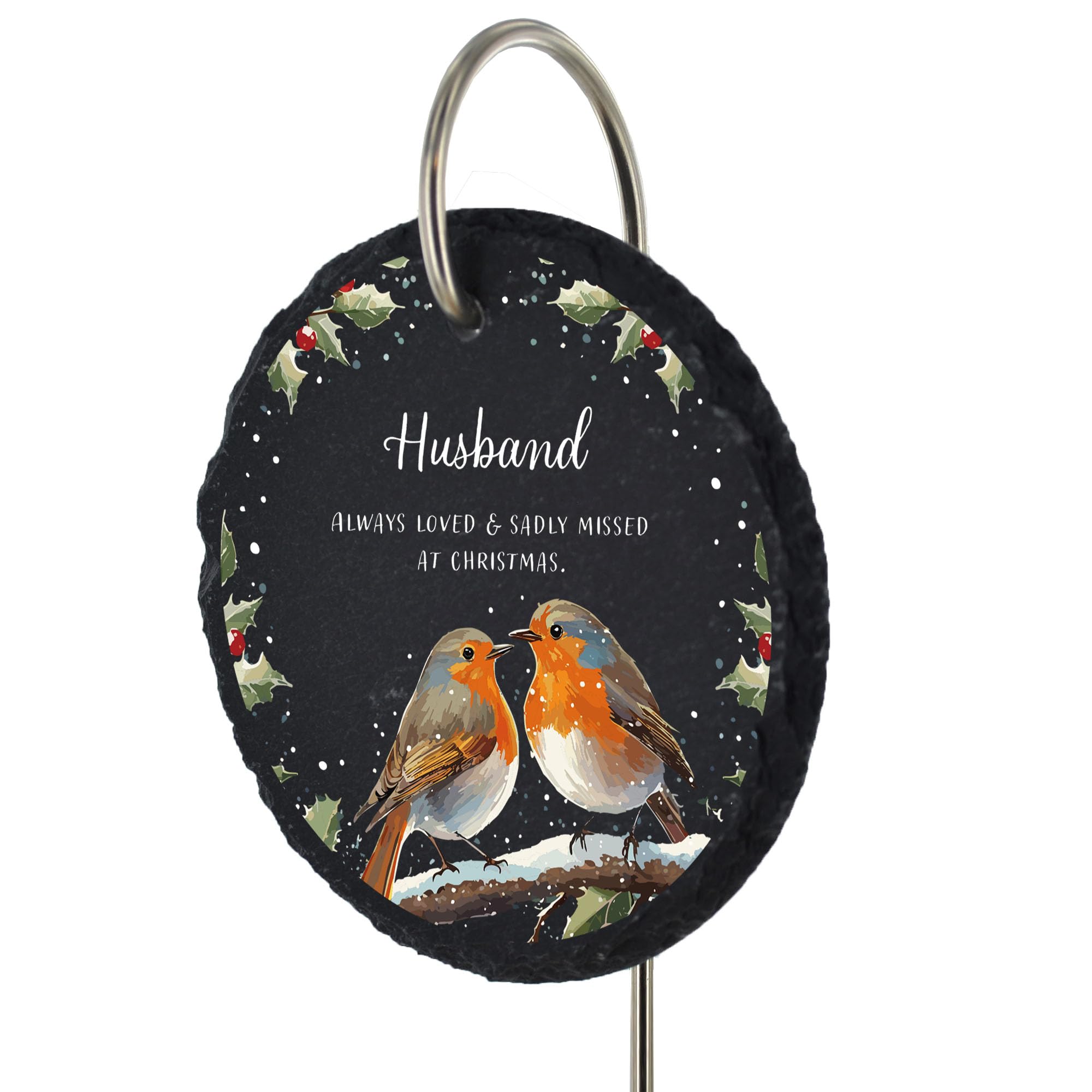 For Heaven Slates Husband — Pair Of Robins Christmas Memorial Grave Marker — Always loved & sadly missed — Outdoor Plaque Decoration — Rock Slate Circle Funeral Gift