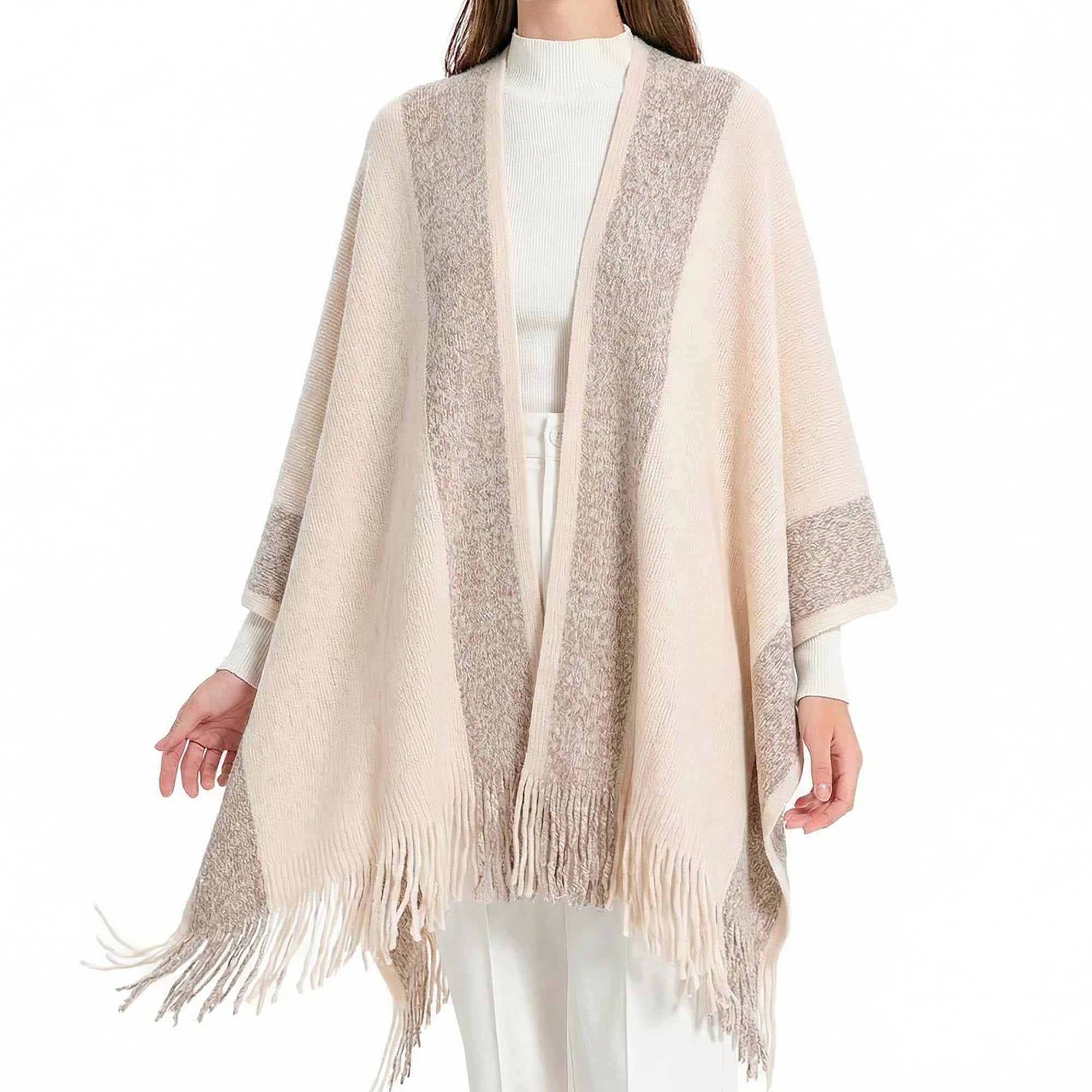 ZLYC Châle en tricot pour femme avec bordure dorée - beige - Taille Unique