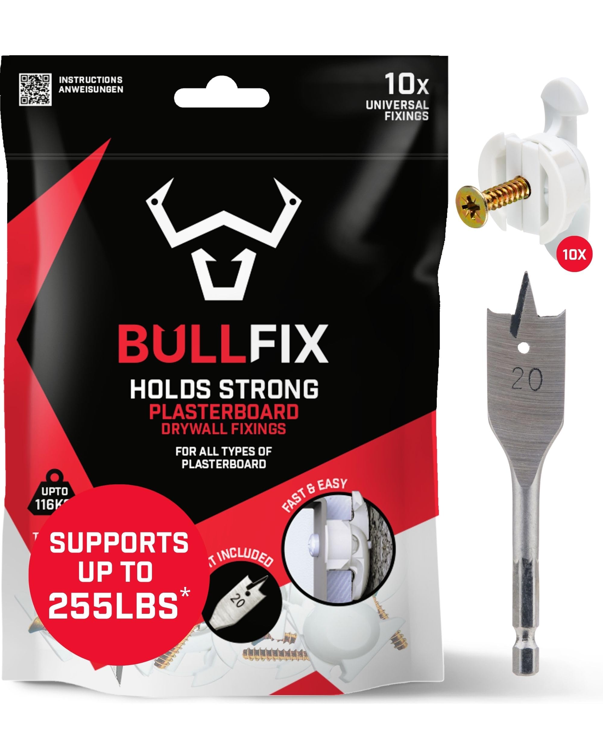 Bullfix Universal Plasterboard Fixings Heavy Duty Starter 10 Pack, Drywall Anchor, Plasterboard Wall Plug Alternative for Dot & Dab, Stud Wall & Hollow Cavity Wall Anchor Kit with Screws