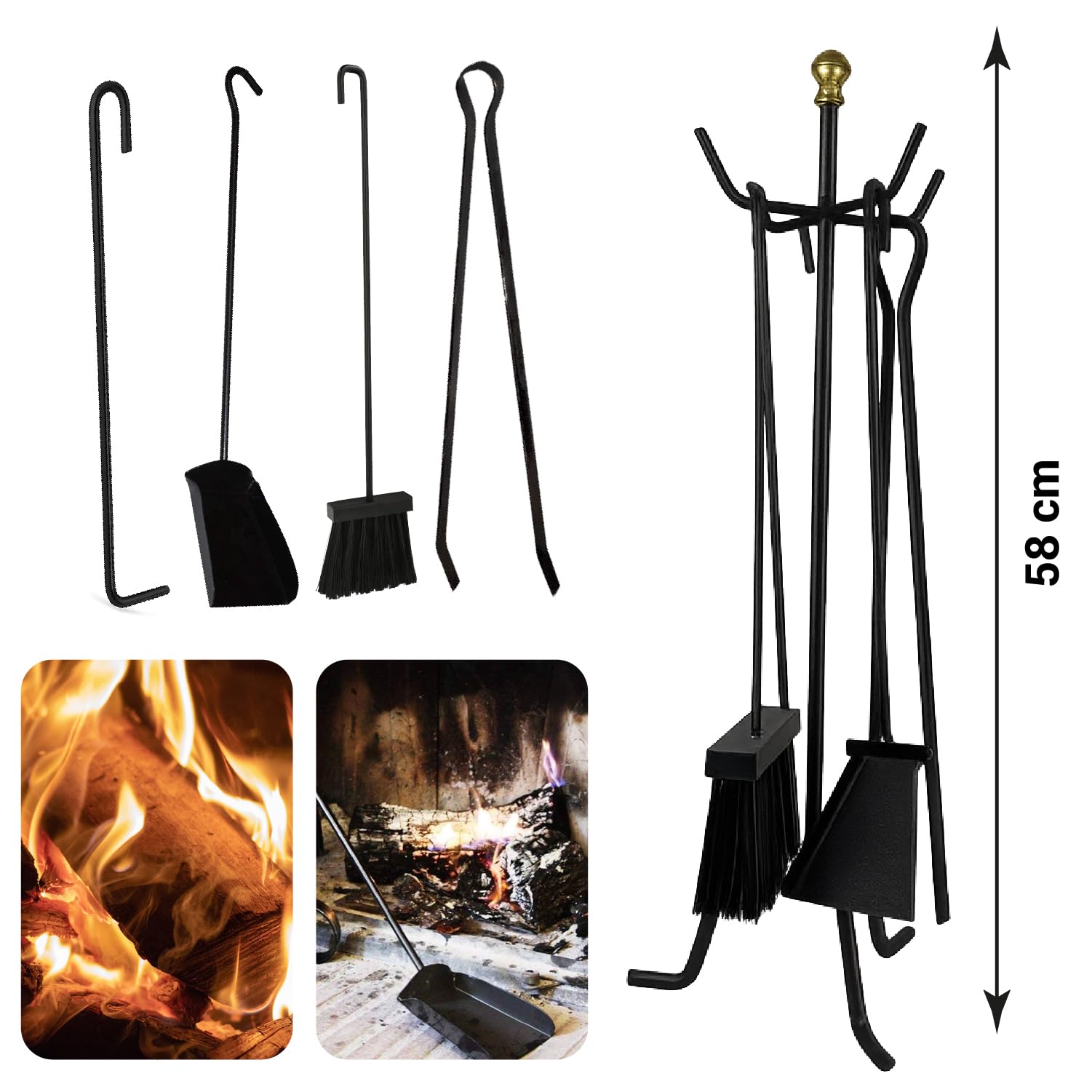 Crisalide® Set Attrezzi Camino in Ferro Battuto, 4 Pezzi - Elegante e Robusto, Strumenti per Caminetti, Pulizia Caminetti (58CM)