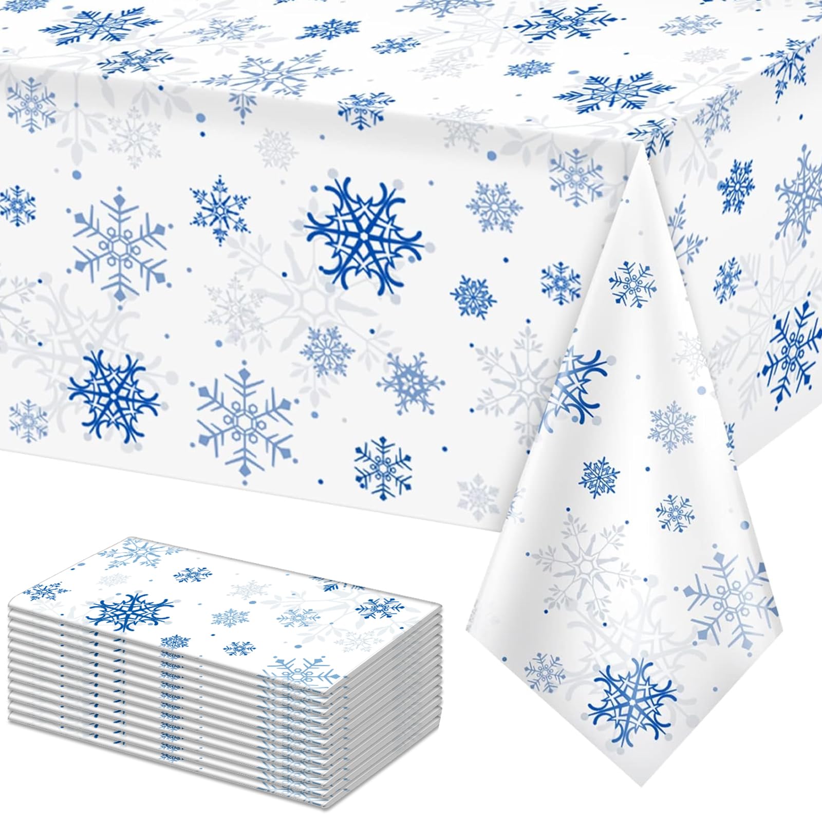 12 Pieces Snowflake Christmas Party Tablecloth Decorations,Plastic White Snowflake White Blue Xmas Backdrop Sign Table Cover Banner for Winter Christmas Holiday Party Supplies,54x108 inch（White/Blue）