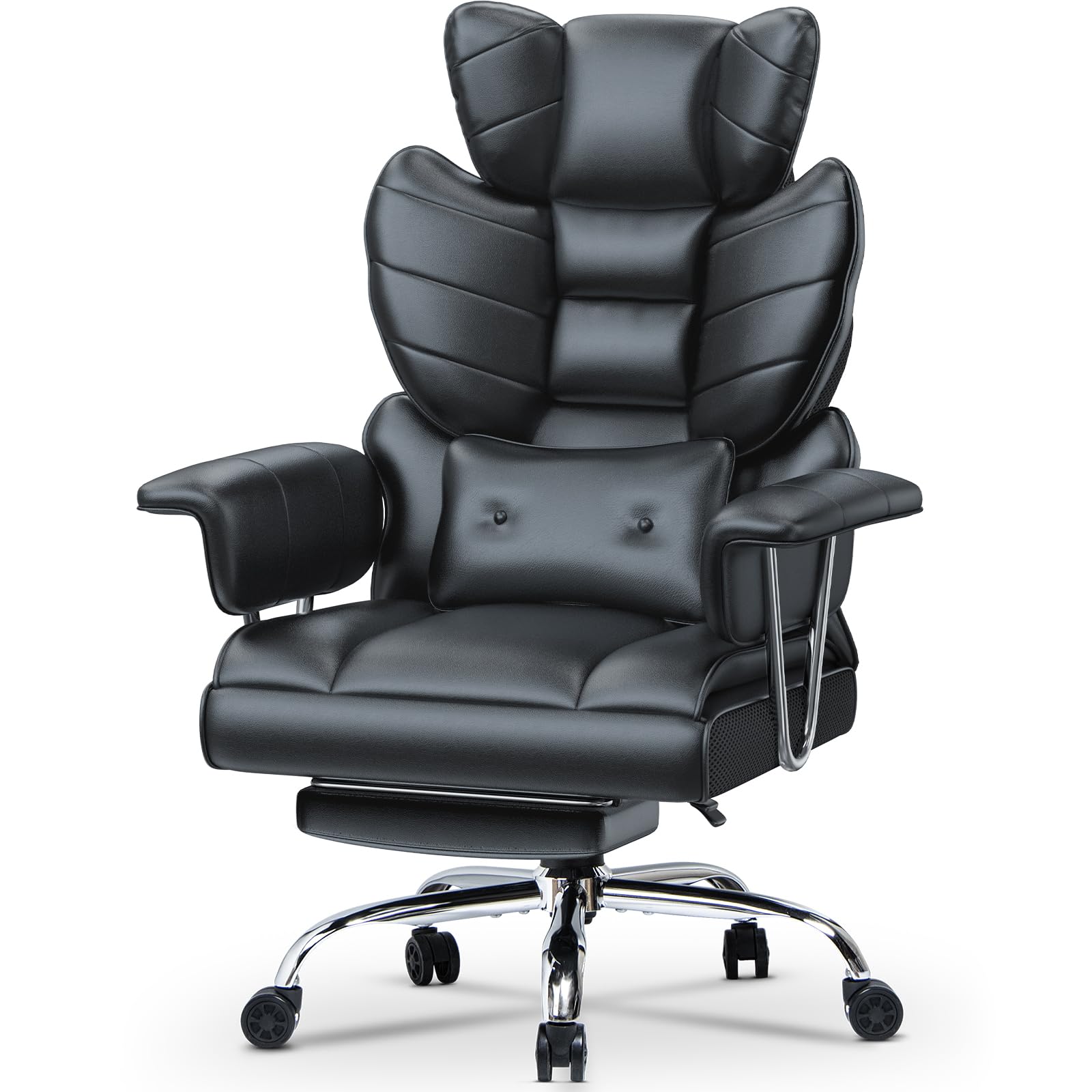 Racingreat Chaise de Bureau, Chaise Ergonomique à Dossier Haut avec Support Lombaire et Repose-Pieds Extensible Fauteuil Bureau, Hauteur réglable, Angle du Dossier Réglable,en Cuir PU,Noir