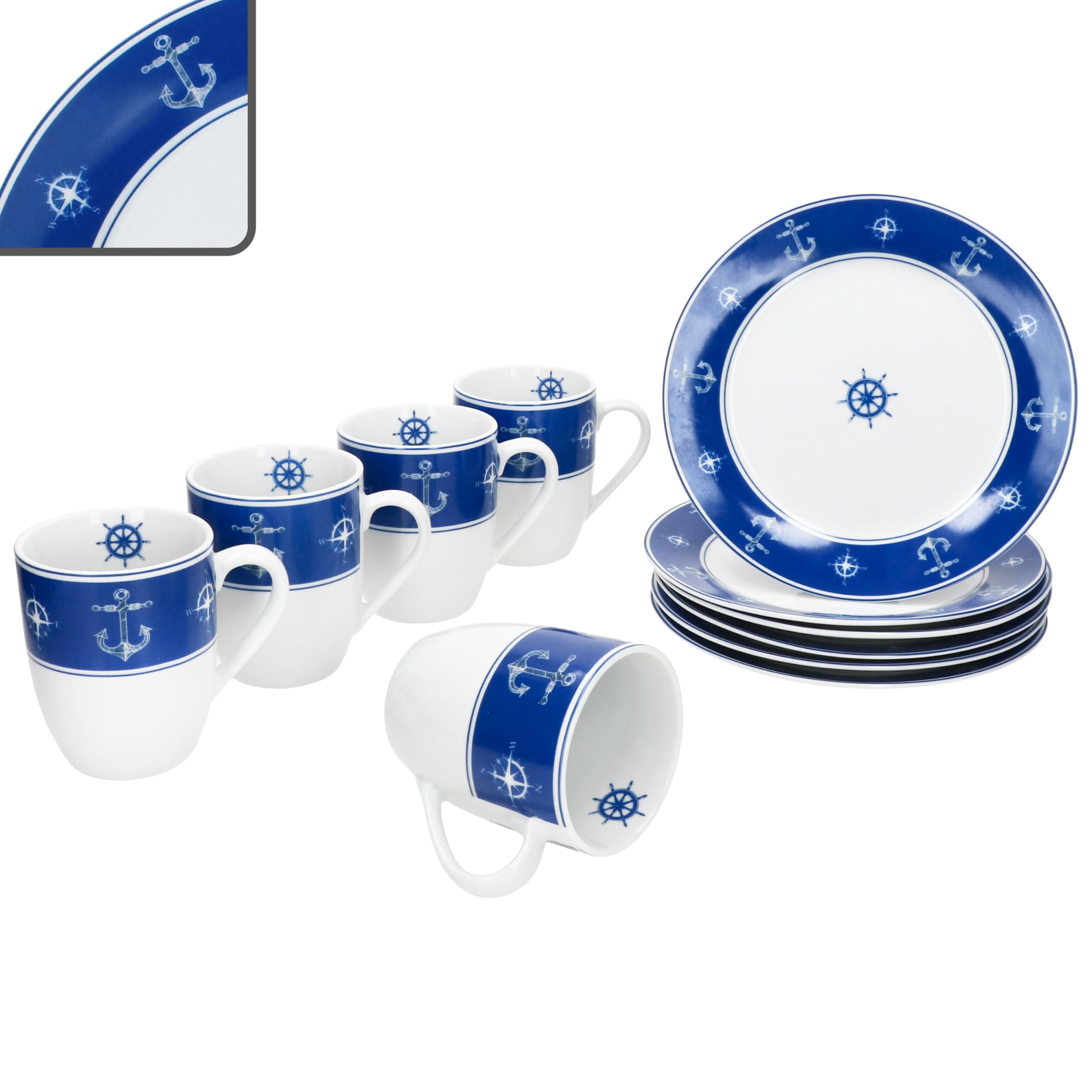 MamboCat Ahoi 12tlg Frühstücksset aus Porzellan I blau-weißes maritimes Design mit Anker & Steuerrad I je 6x Kuchenteller & Kaffeebecher für 6 Personen | Frühstück & Kaffeezeit