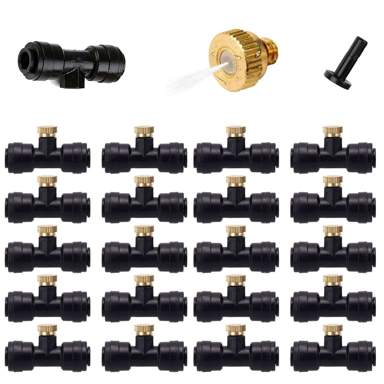 Zestaw dysz mosiężnych do systemów chłodzenia, dysze mosiężne z trójnikami 1/4'' Slip-Lock, dysze mgłowe do systemów tarasowych, systemów chłodzenia zewnętrznego, systemów nawadniania ogrodu