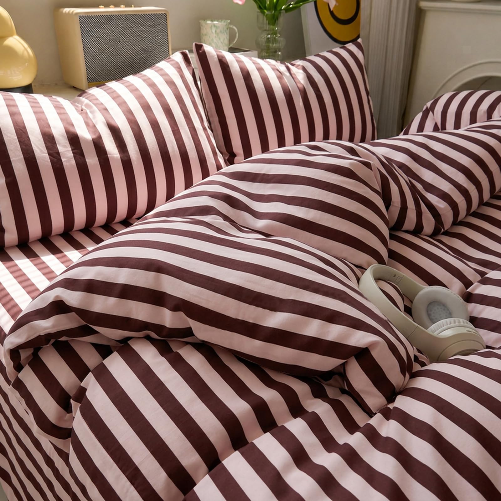 Freyamy Bettwäsche 135x200cm 2tlg Rosa Bordeaux Streifen Bettwäsche
