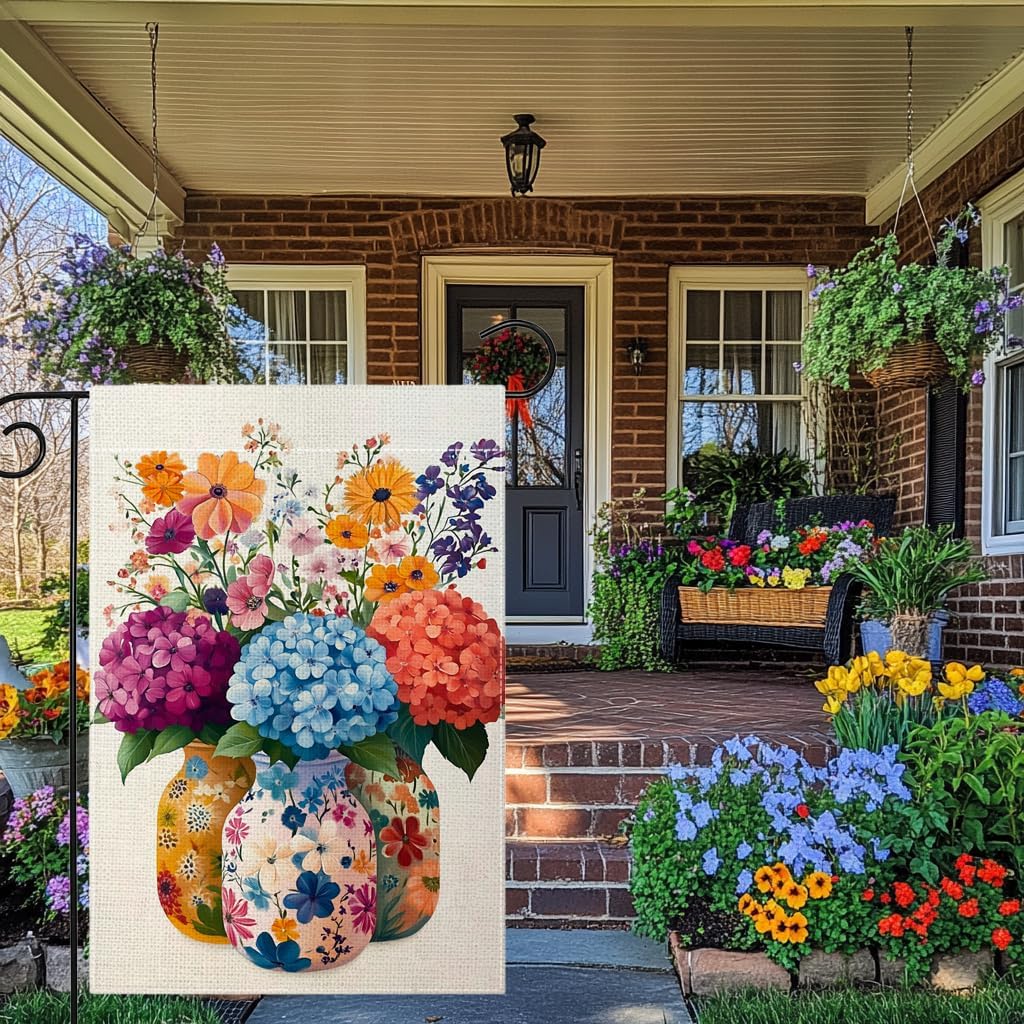 Spring Summer Colorful Floral Mason Jar Garden Flag 12x18 Inch Double Sided Hydrangea Flower Yard Outdoor Flag House Holiday Outside Decoration - Image 4
