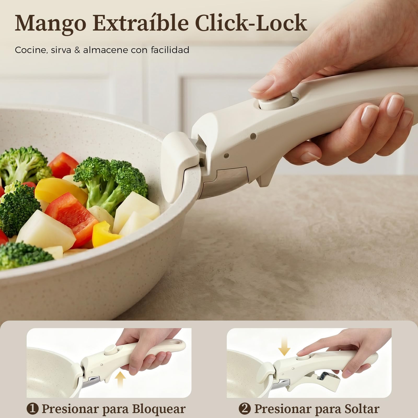 YASHE Batería de cocina 15 piezas, inducción, atóxica, sin PTFE ni PFAS | Juego de Sarténes Atóxica con Mango Extraíble, Apilable y Ahorro de Espacio, para Caravana, Sin PFOA