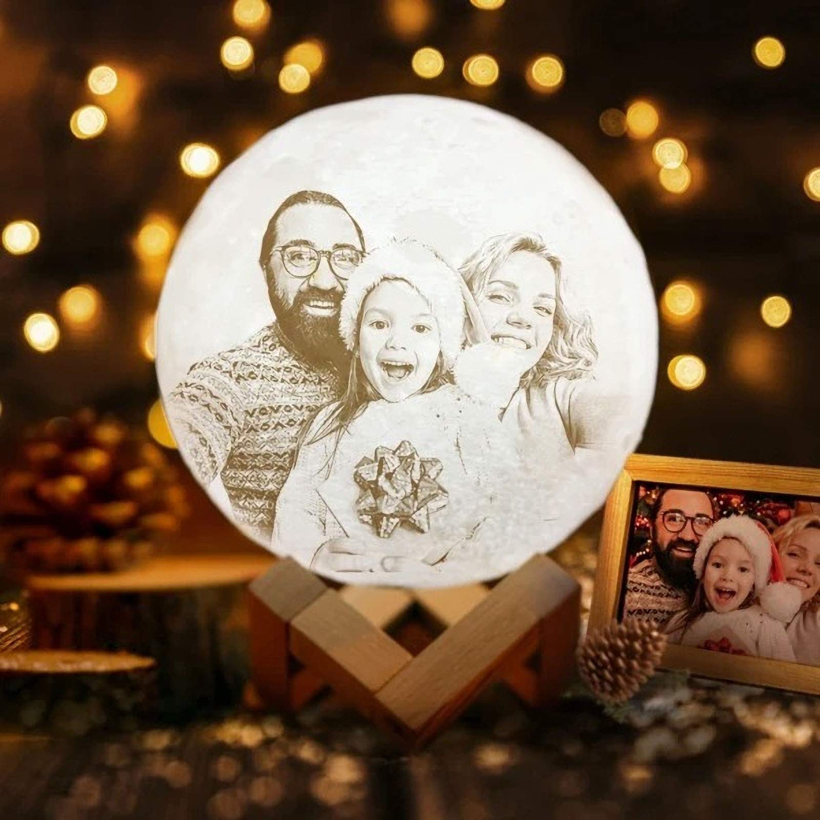 Personalised Moon Lamp with Photo Engraved Custom 3D Picture & Text Printing Moon Night Light Accompany with Family LED Touch Control Brightness USB Charging Room Decor Moon Light Gift for Mom
