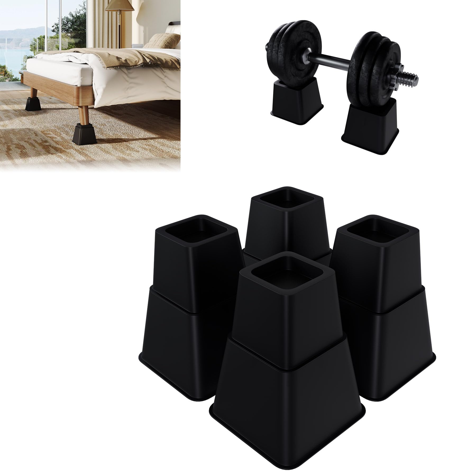 UISEBRT Lot de 8 rehausseurs de meubles carrés (10 cm + 15 cm de hauteur), rehausseurs de meubles pour lit, table, canapé et chaise, rehausseur de table, pieds et rehausseurs de lit, extension de pied