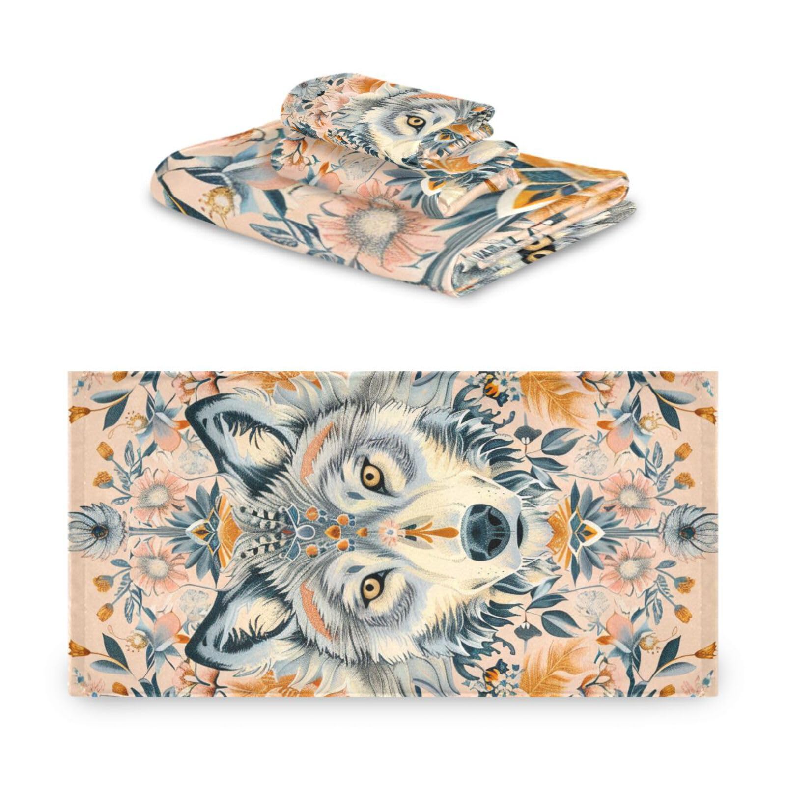 Styl boho kwiat kwiatowy beżowy wilk szybkoschnące ręczniki do twarzy zestaw 3 sztuk, 1 ręcznik kąpielowy 1 ręcznik do rąk 1 ściereczka do kuchni łazienki jogi siłowni