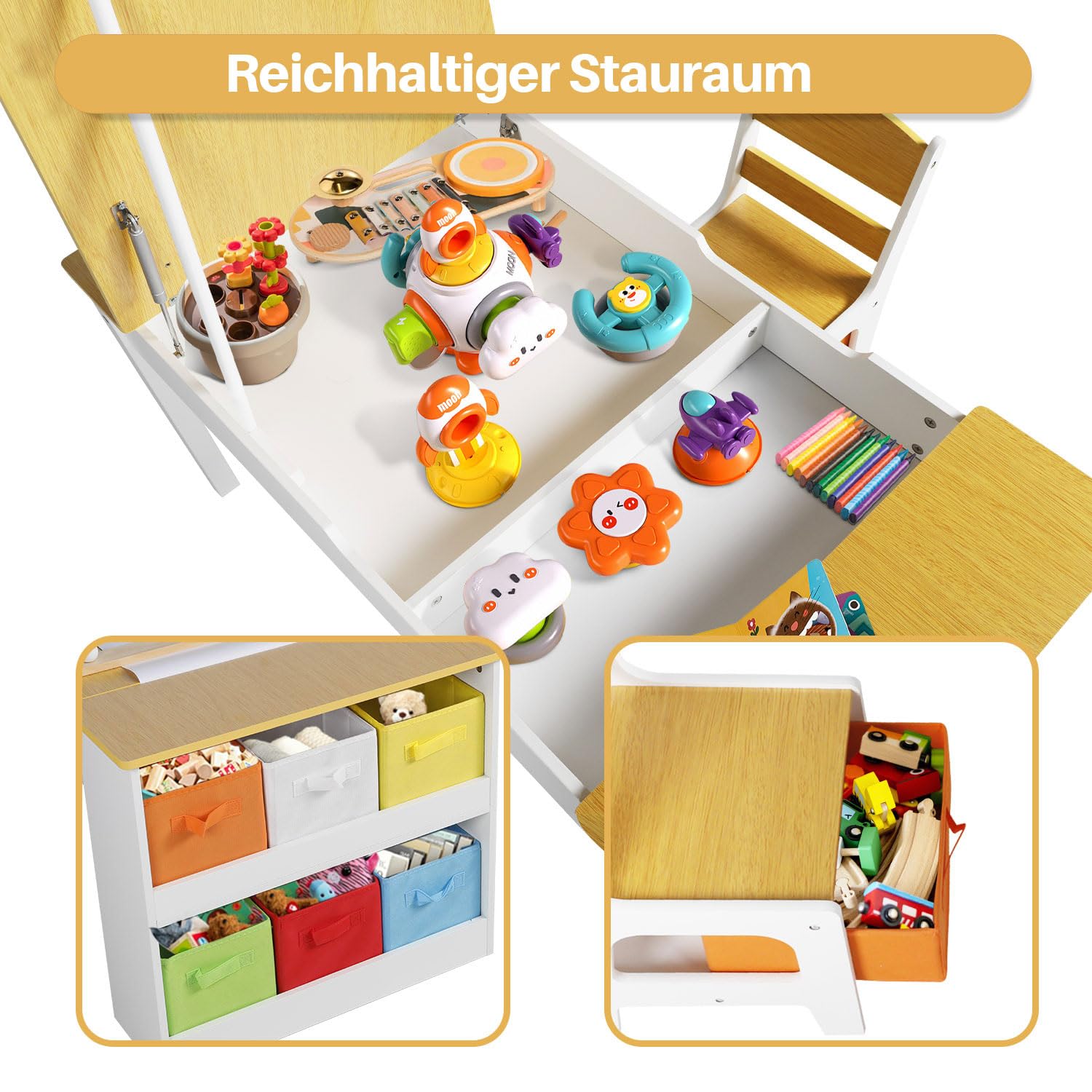 GRAVFORCE Kindertisch mit 2 Stühlen Maltisch & Basteltisch Kinder mit anhebbarer Tischplatte Spieltisch Kinderzimmer mit Stauraum Farbbechern 8 Stoffbehältern für Kinder ab 3 Jahren (Natural)