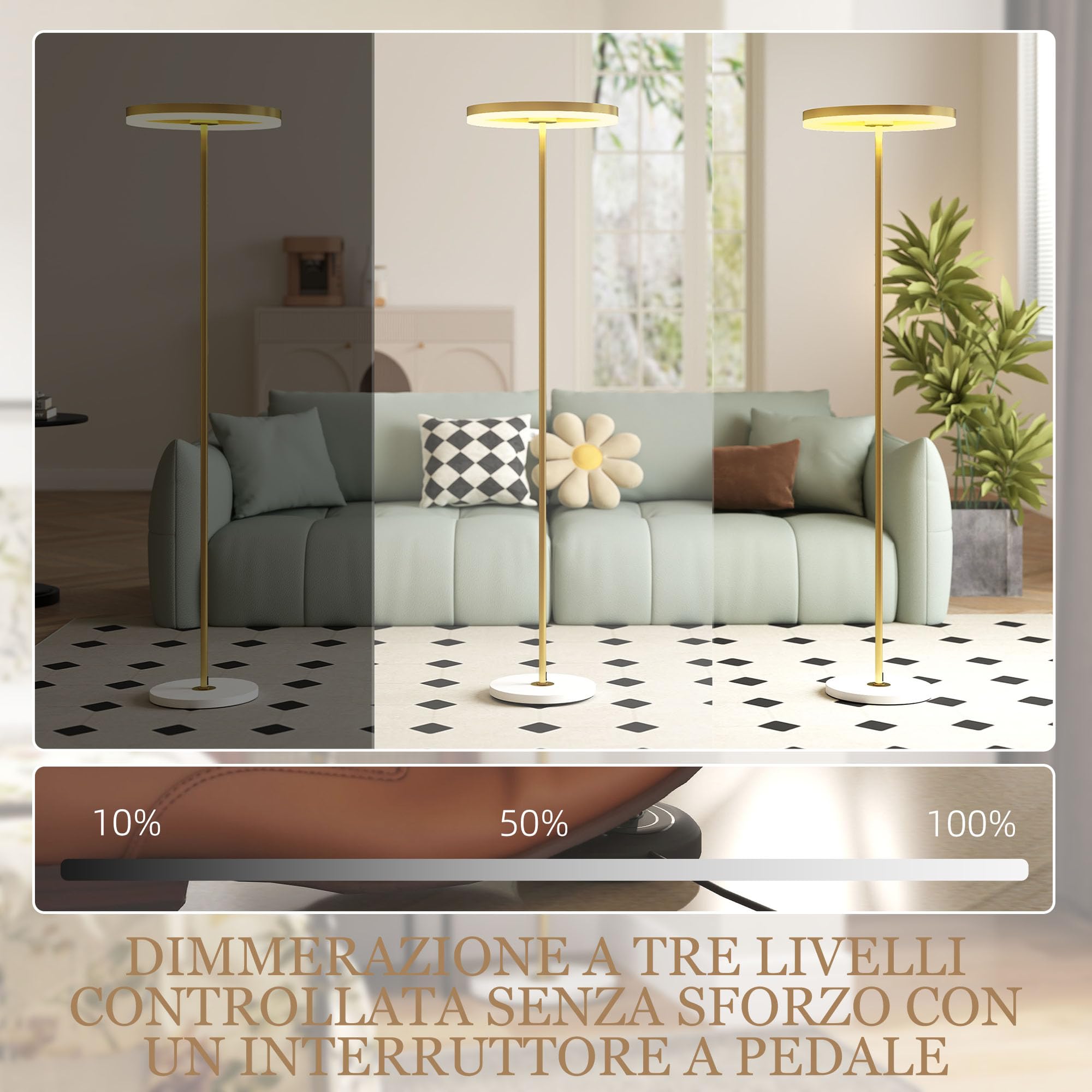HOMCOM Lampada da Terra Moderna Luce LED Dimmerabile 3 Luminosità Oro | Lampada a Piantana, Paralume in Acrilico, Interruttore a Pedale, per Camera da Letto e Soggiorno