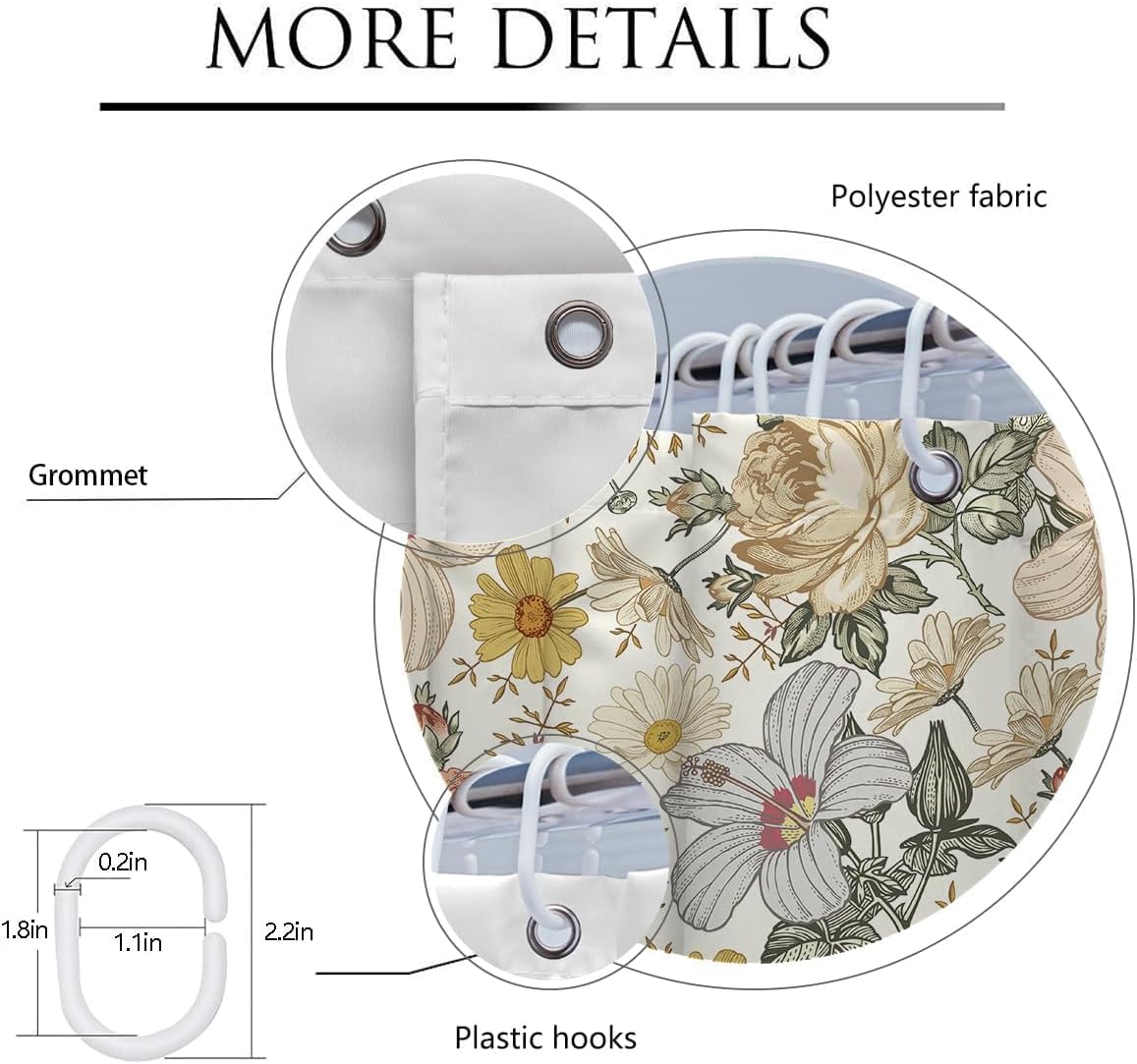 Coxila Yellow Floral Shower Curtain Extra Wide Large Long Clawfoot Tub Wrap Around Flower Vintage Plant Aesthetic Colorful Boho Peony Rose Daisy Bathroom 180 x 70 Inch Polyester Fabric 31 Pack Hooks