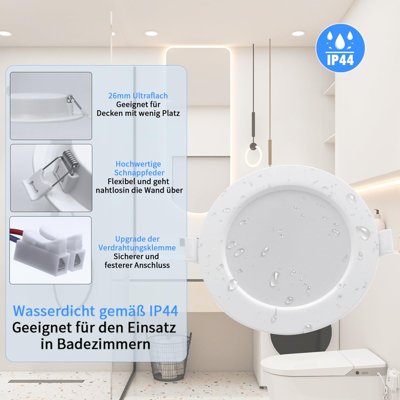 WeshLMPO LED Einbaustrahler 230V Flach 6er Set, 4W Deckenstrahler LED Spots, IP44 Deckenspots Led Einbauleuchten 350 Lumen Warmweiß 3000K, für Schlafzimmer Badezimmer Wohnzimmer Küche