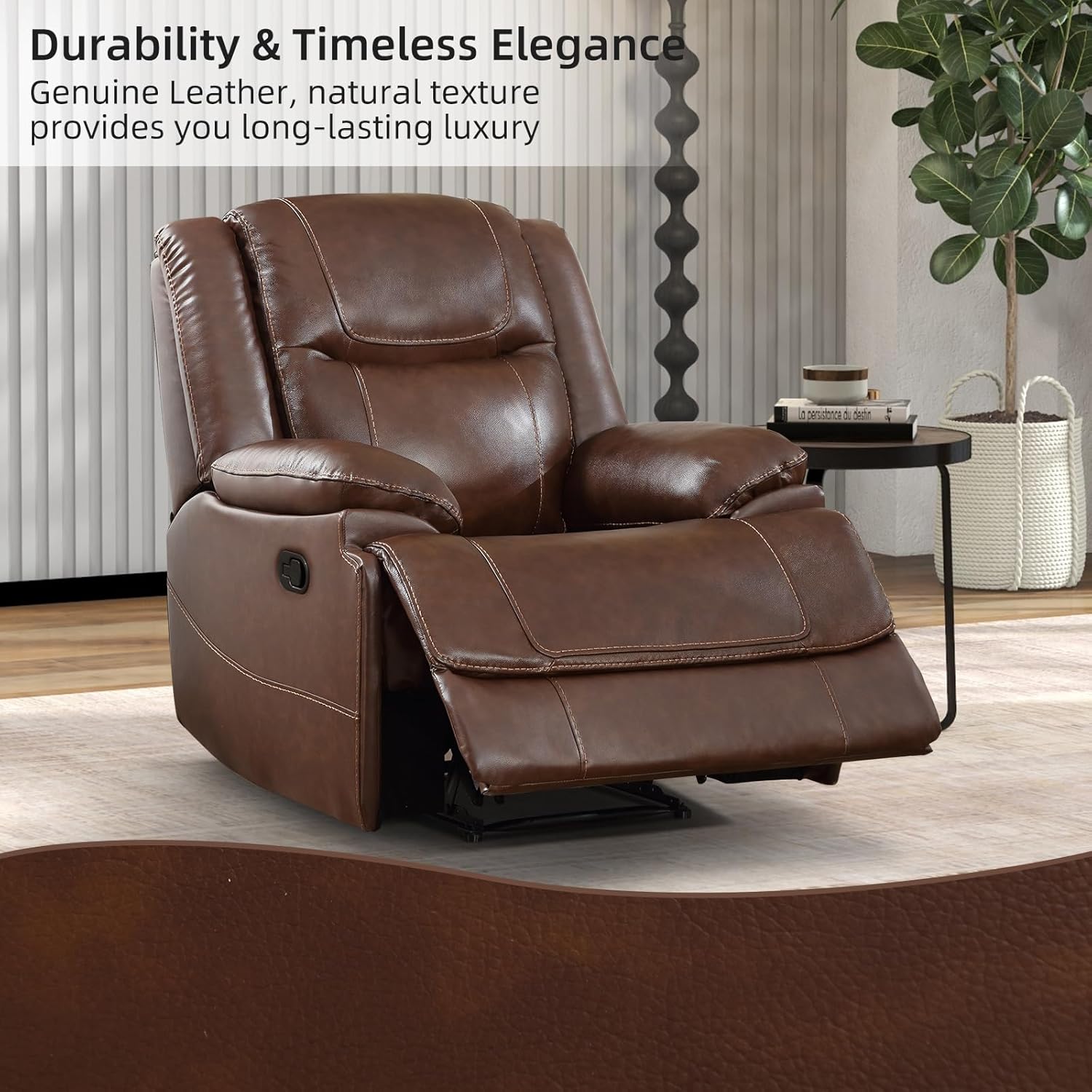 EBELLO Genuine Leather Recliner Manual Chair for Living Room, 1 Seater Reclining Sofa Chair with Headrest and Armrest, Modern Durable Home Furniture for Small Space, Meeting Room, Vintage Brown