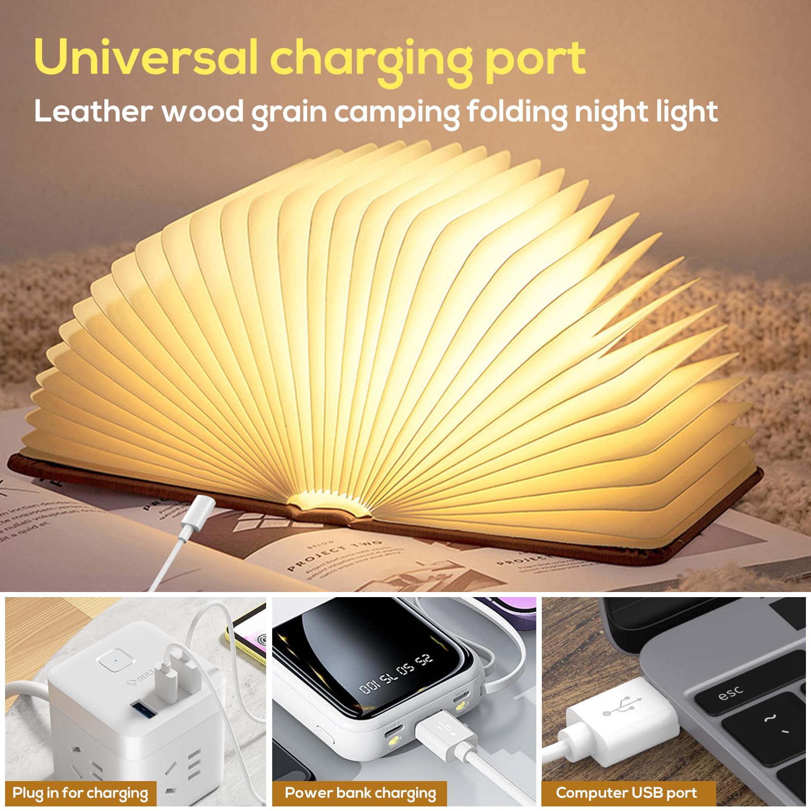 Lampada da libro pieghevole in legno, lampada da libro pieghevole a 360°, lampada da libro in legno con 3 colori, pieghevole Magnetiche per libri USB, ricaricabile a batteria, per camera da letto e