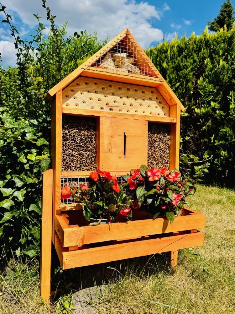 Casetta per insetti XL realizzata a mano in legno massiccio per le api selvatiche, con fioriera, marrone laccato, con sottovaso, 97 x 51 x 18 cm (altezza x larghezza x profondità)