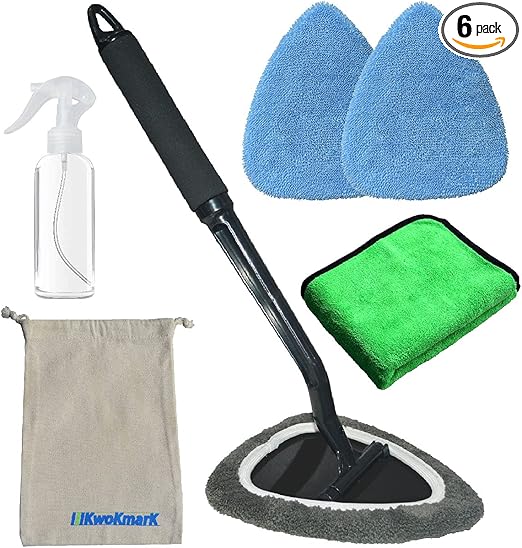 Windshield Cleaner Tool Car Window Cleaning Wand Glass Microfiber Brush Bigger Pad Thicker Softy Cloth, with Towel Spray Bottle Cloth Bag Kit TTL 6Pcs