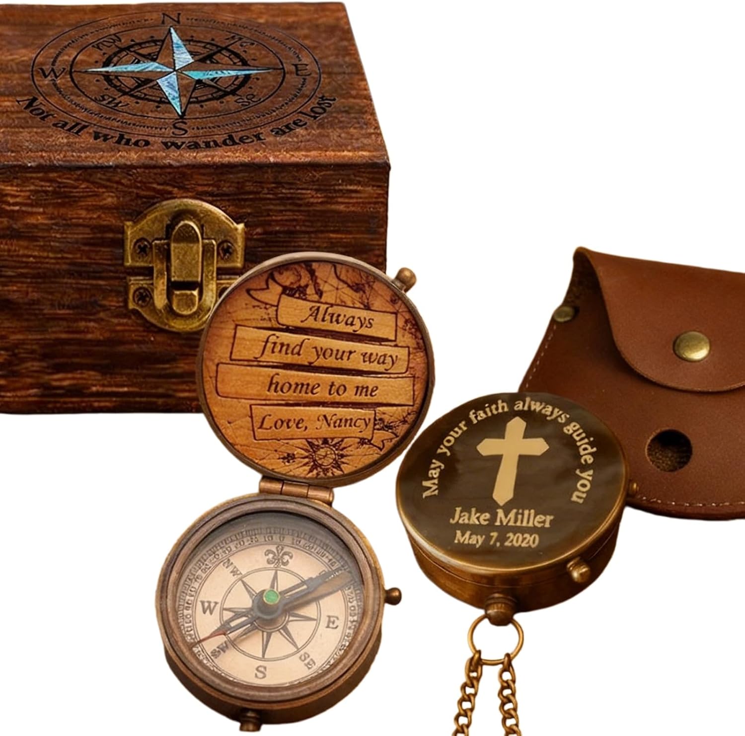 Personalized Vintage Brass Compass. Custom Engraved Compass, with Portable Storage Pouch and Gift Box, Keepsake Gifts for Dad, Son, Husband, Boyfriend, Father's Day Graduation Birthday Gifts