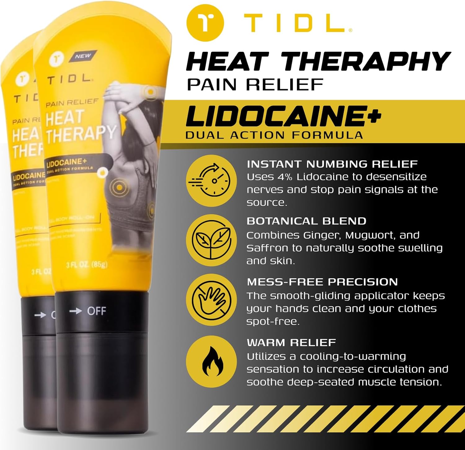 TIDL Heat Therapy Roll-On Pain Reliever | Menthol Lidocaine+ Dual Action Formula Anti-Inflammatory Warming Botanical Massaging Roller for Muscle Joint Shoulder Back Pain Relief | 3 fl oz