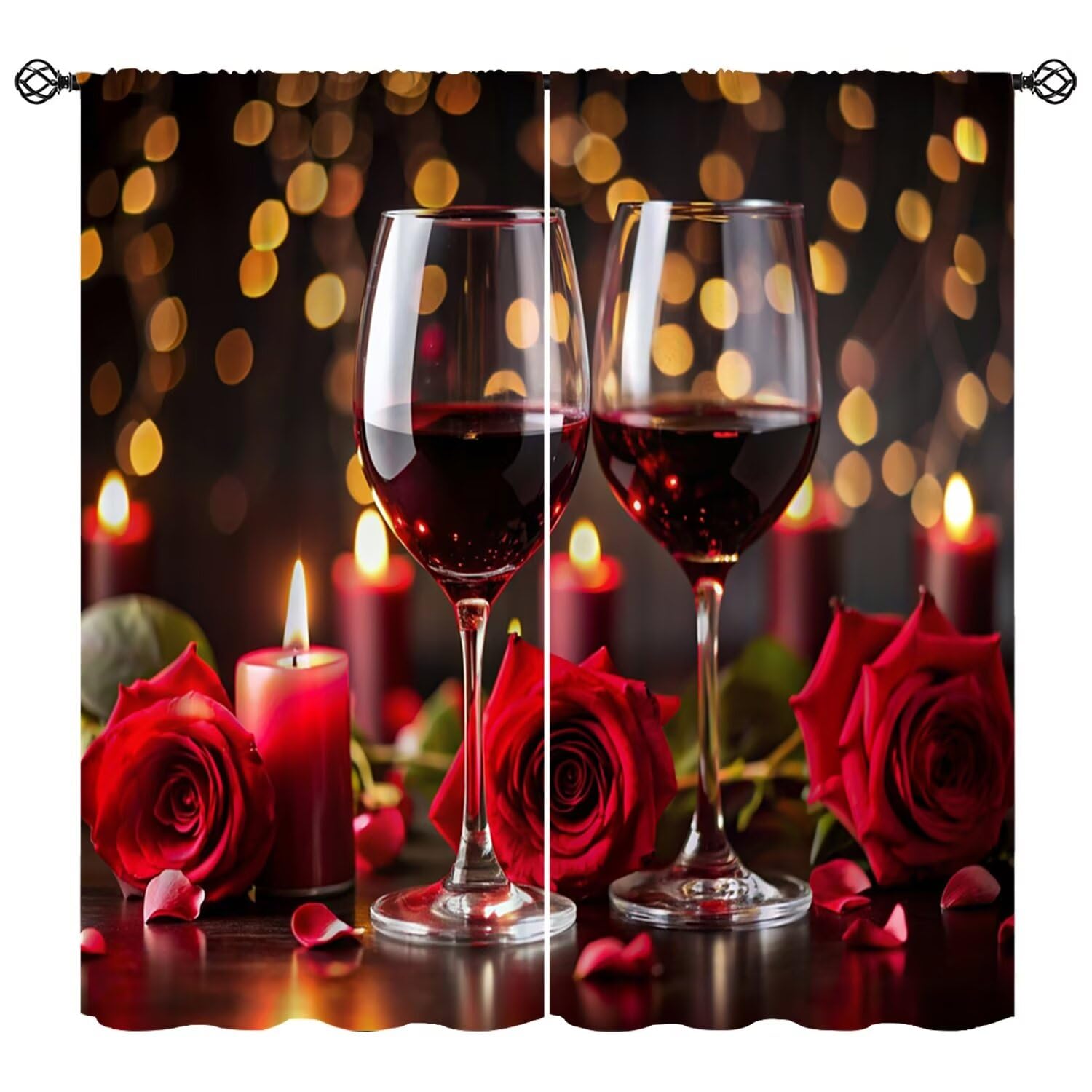 Moderw Wine Rose Curtains, Romantic Valentines Rose Window Treatments Red Wine Glasses Candle Glowing Lights Blackout Drapes for Bedroom Kitchen Living Room Home Decor W42xL63in