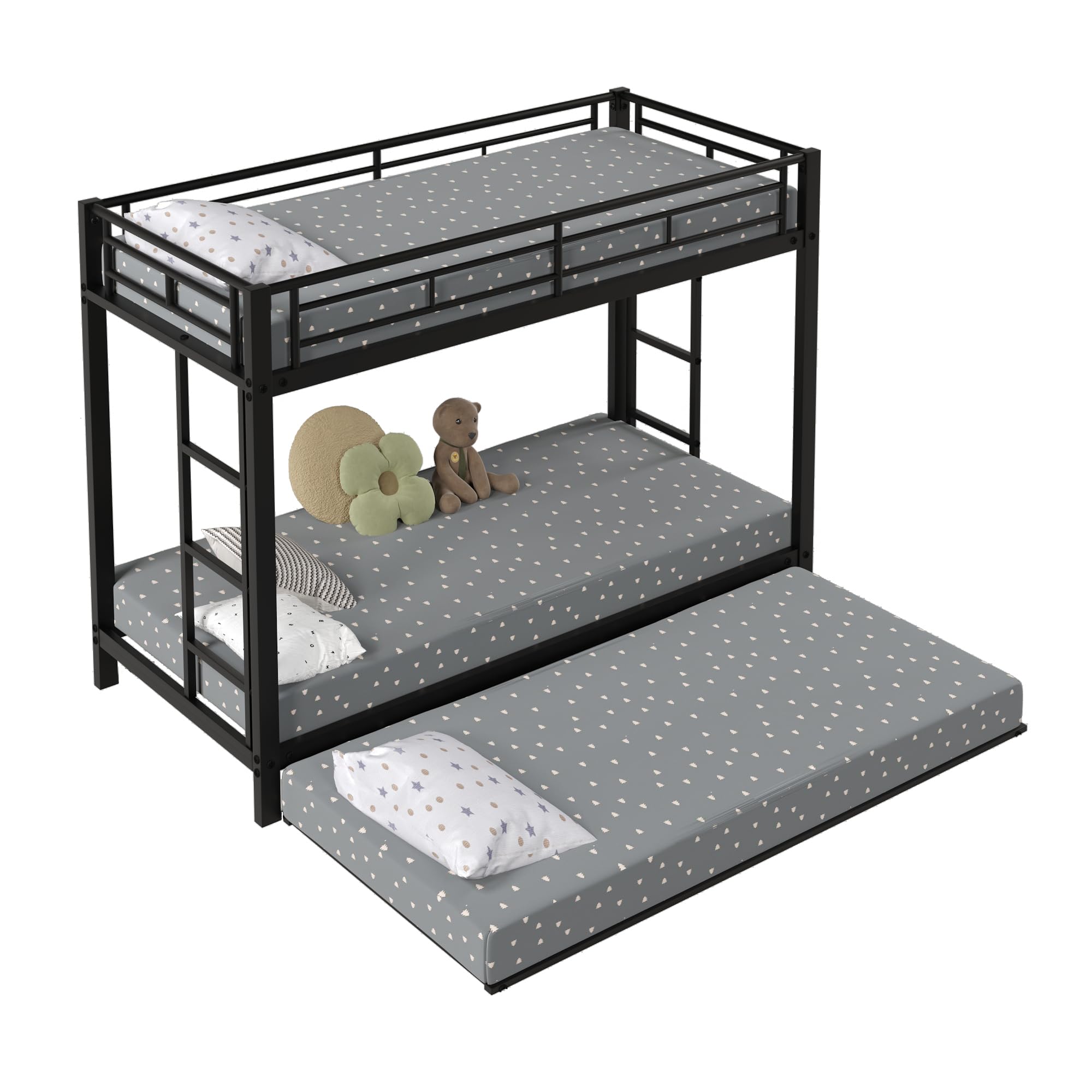 Azkoeesy Letto a castello 90x200 cm per 3 bambini e adulti - Letto estraibile - Struttura in metallo stabile - 2 scale (nero)