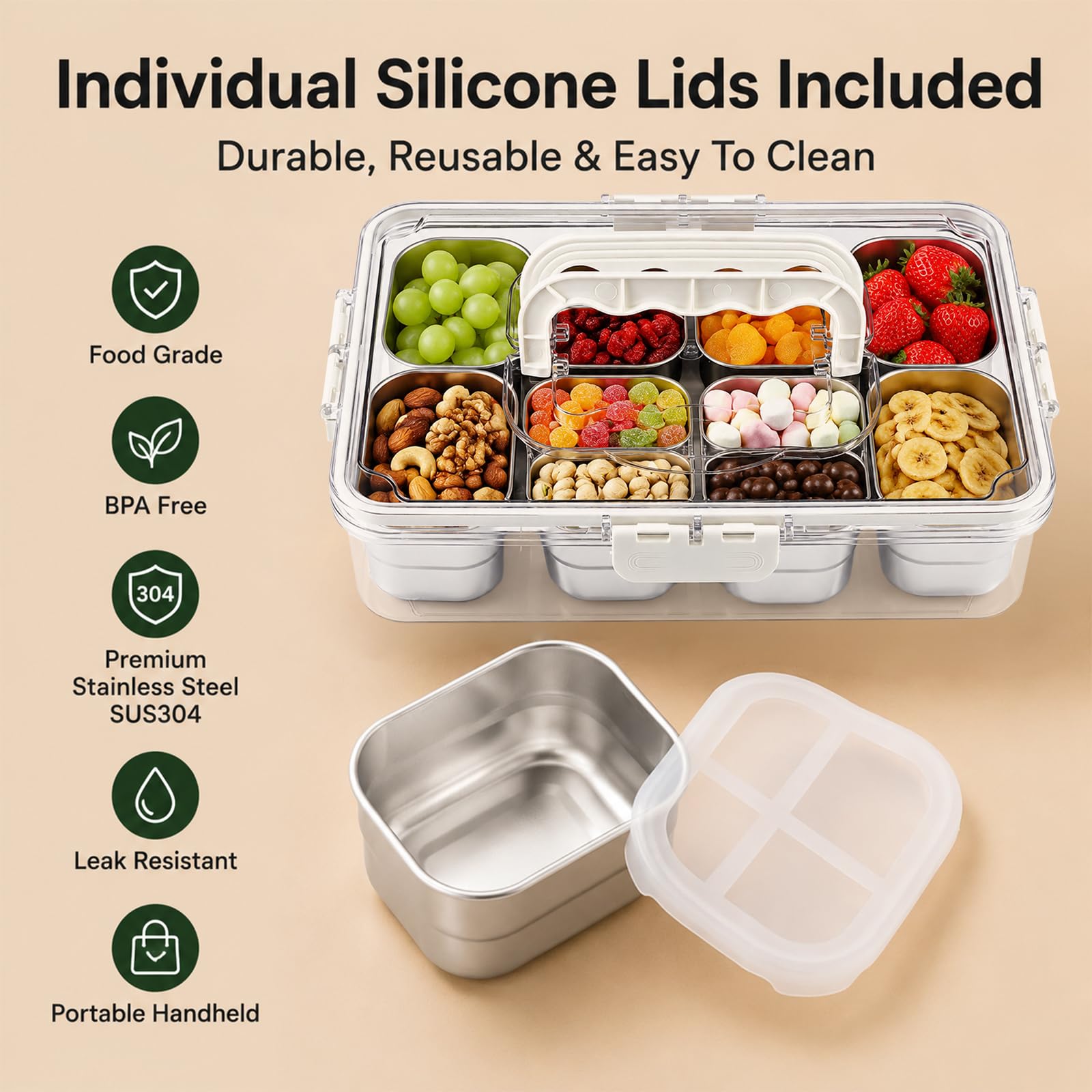 Qingning Stainless Steel Snack Box with 8 Compartments | Snack Box, Divided Serving Tray with Lid, Transparent Snack Plate for Fruits, Nuts, Sweets, Spices