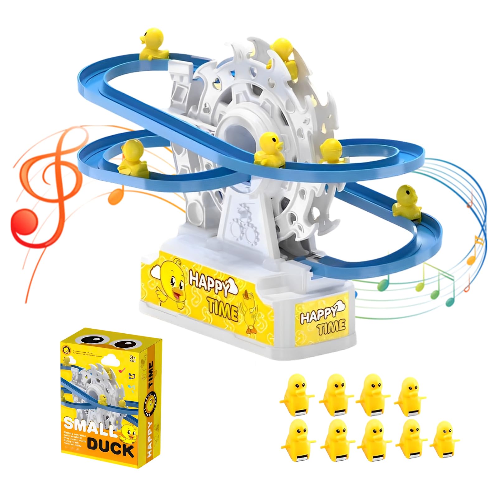 Small Duck Climbing Stairs Toy,Electric Happy Duck Ferris Wheel Track Slide with LED Flashing Lights &Music,Duck Track Slide Toy Gift for Birthday Christmas,Kids Age 3(9Pcs Ducks)