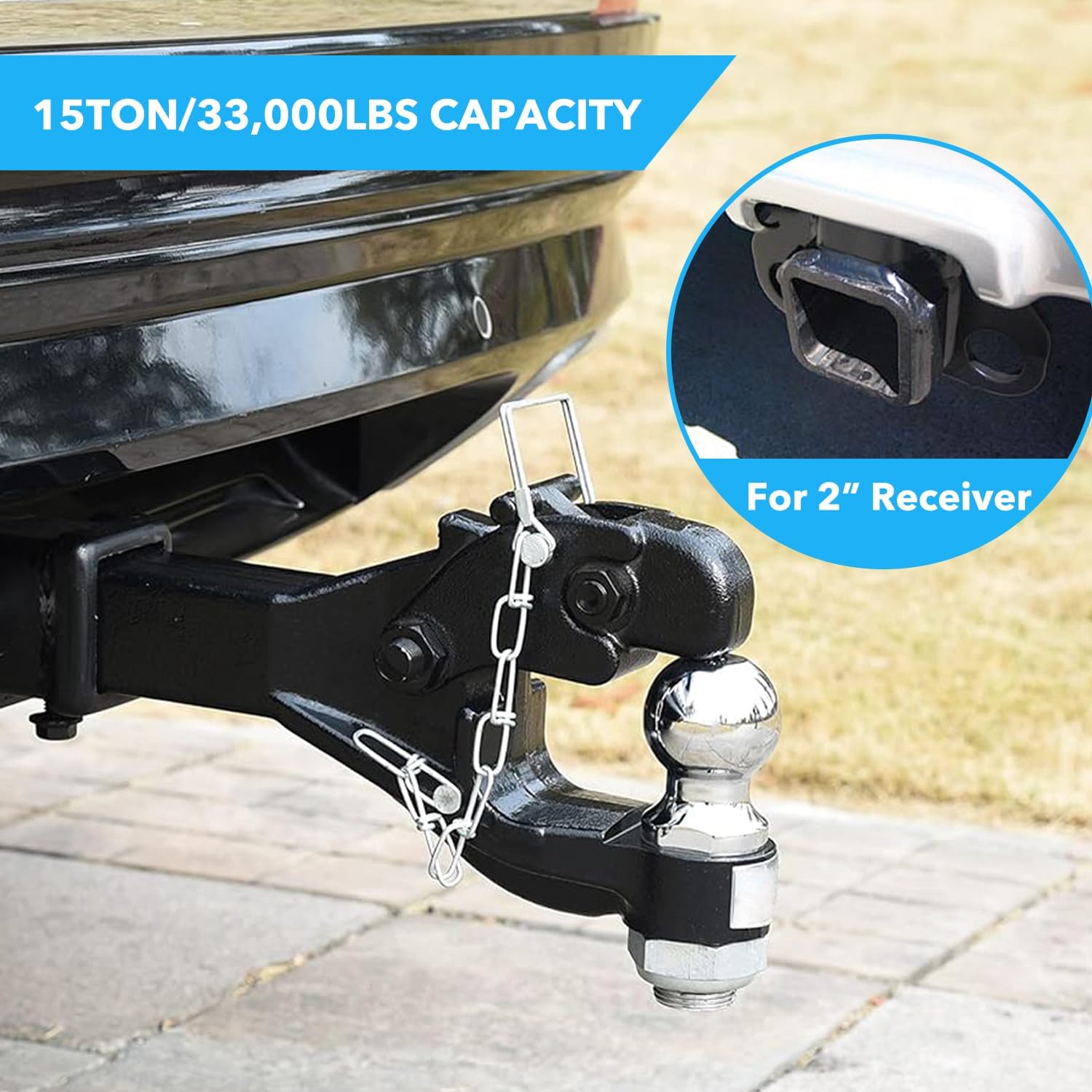 15 TON Pintle Trailer Hitch for 2 Inch Receiver, 33,000 lbs, Heavy Duty Pintle Hook with Trailer Ball, High-Strength Pintle Hitch Fits for Trucks, SUVs