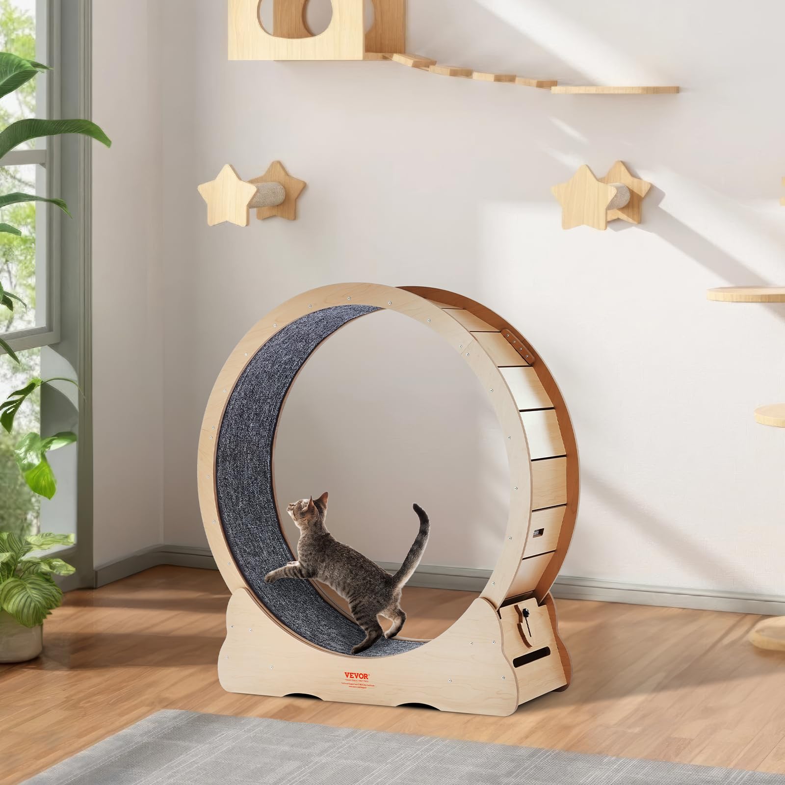 VEVOR Ruota per Esercizi per Gatti in Legno, Ruota per Tapis Roulant per Gatti 110 cm, Ruota Tavola di legno per Corsa con Tappeto Staccabile e Teaser per Gatti per Corsa Allenamento Interno Gialla