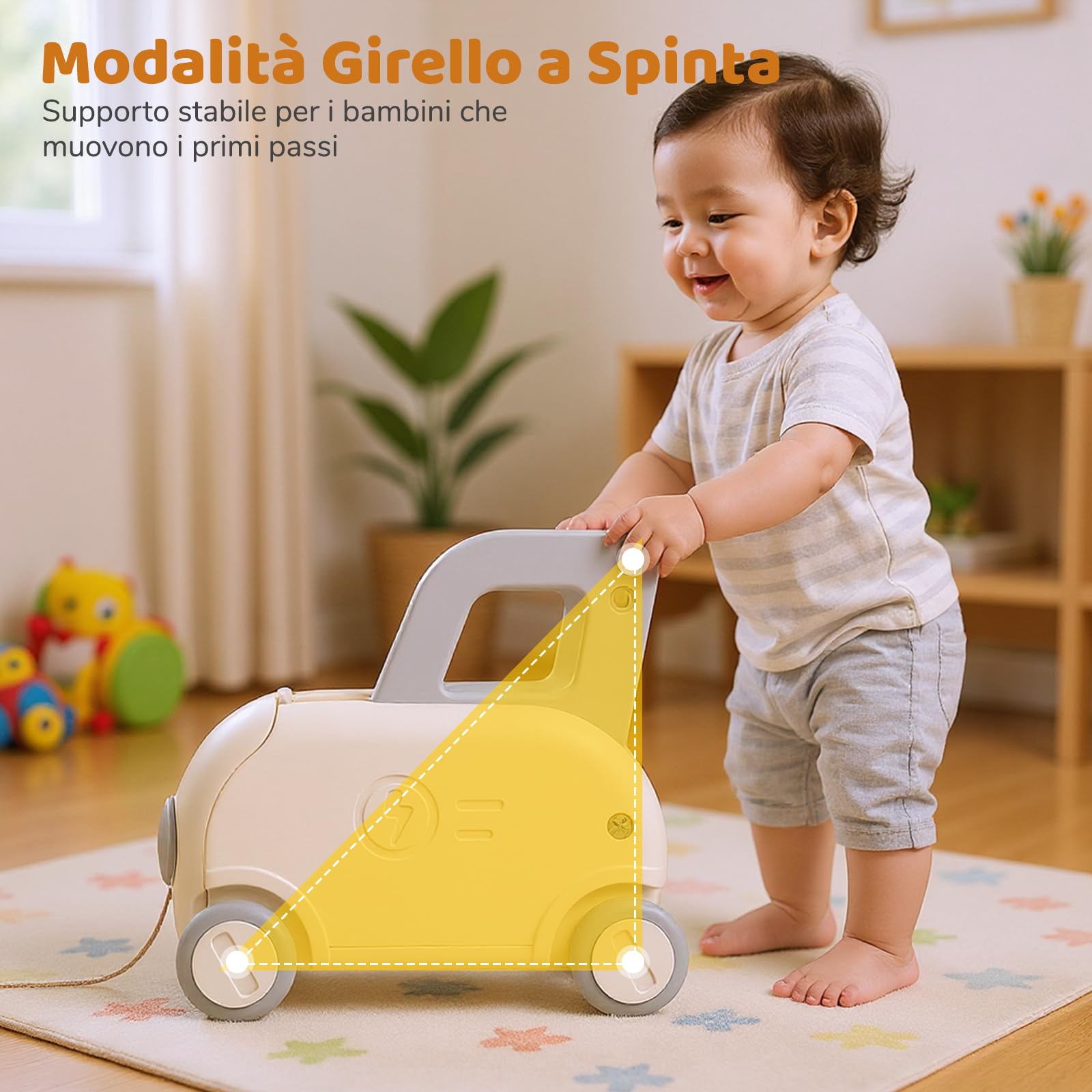 COSTWAY Girello Primi Passi Bambini, Carrello a Spinta con Contenitore