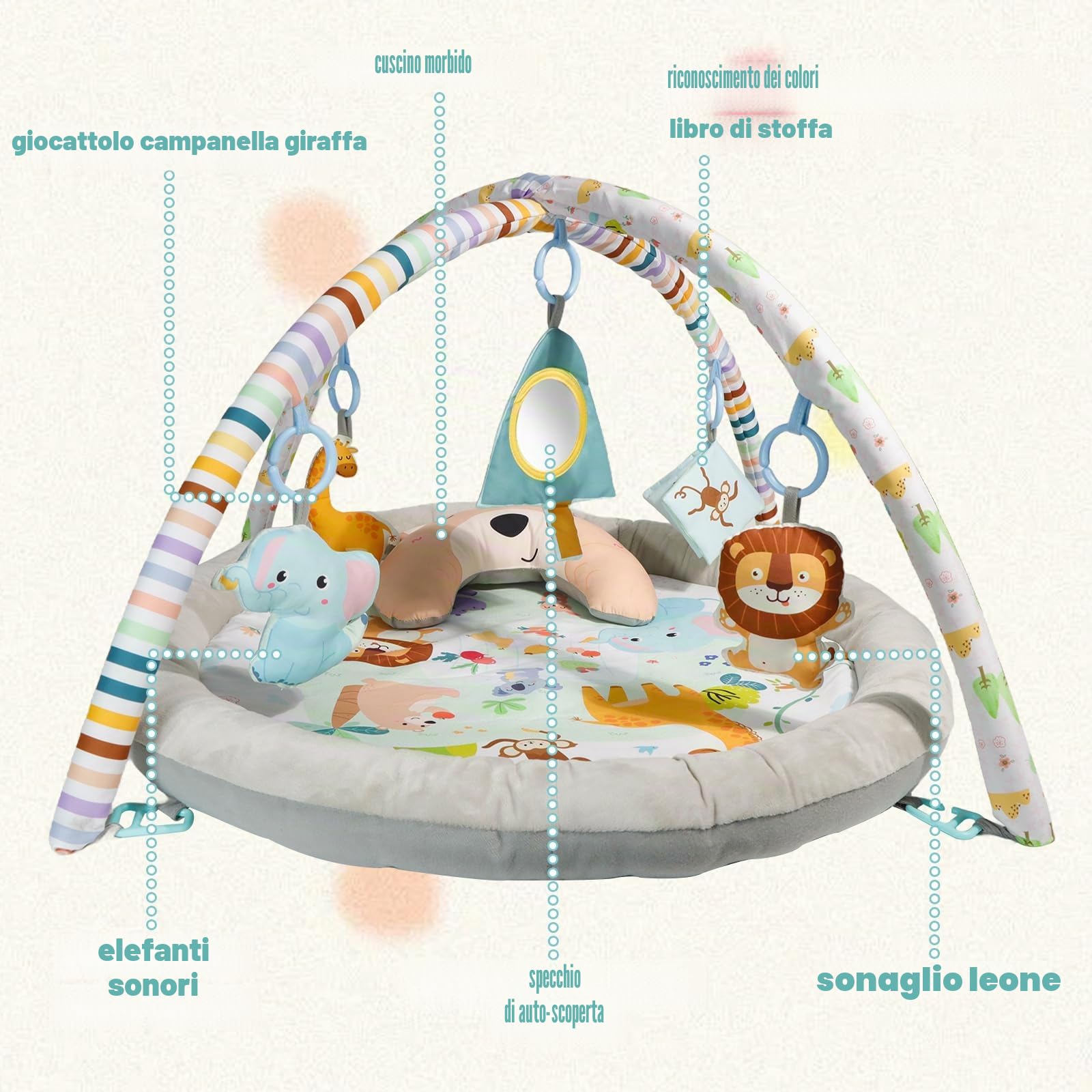Tappeto e palestra per il gioco del bambino in peluche,Con 6 giocattoli e cuscino luna. Design zoo piegabile, smontabile,Promuove l'ed Aucazione precoce, Baby Tappeto e palestra