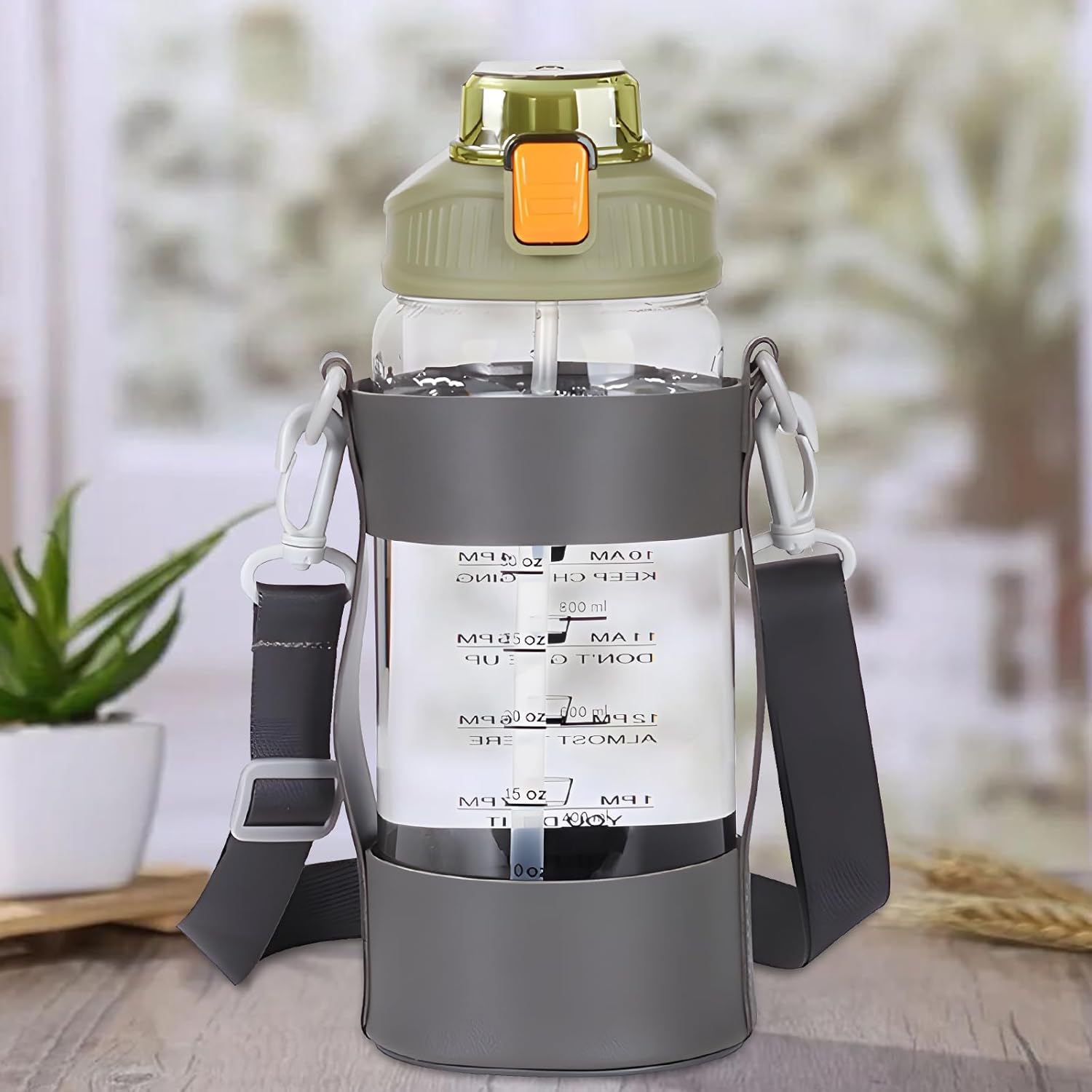 50 oz Glass Water Bottle with Time Markers and Carry Strap – 1.5L Borosilicate Motivational Jug with Straw Lid Sleeve for Gym Yoga Outdoor (Green)