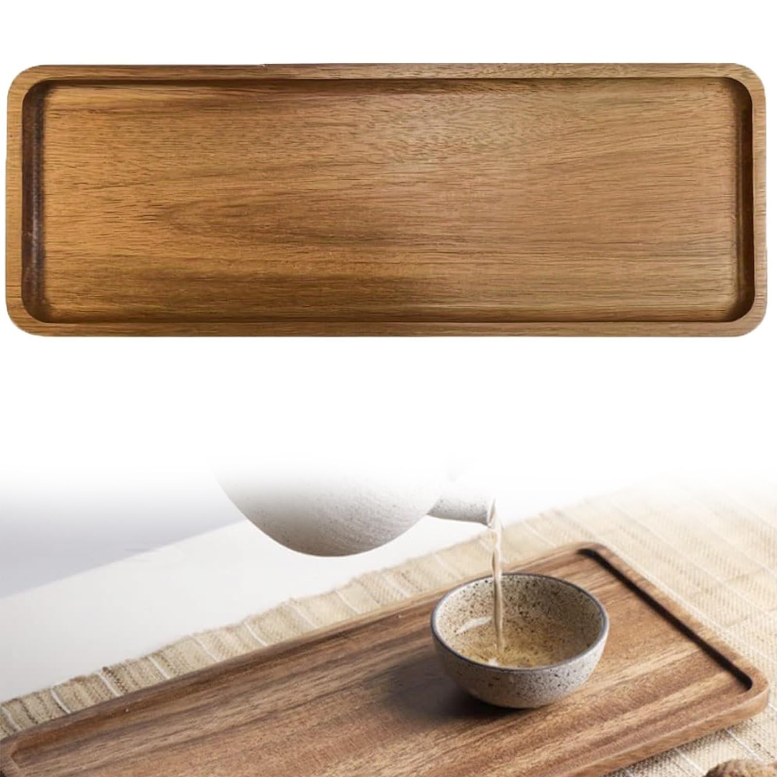 Wooden Serving Tray, Rectangle Acacia Wood, Vintage Tea Trays for Display Fruit Snacks Appetizer Sushi Food Decor Desserts Cocktail or Wine(29x 10.5cm)
