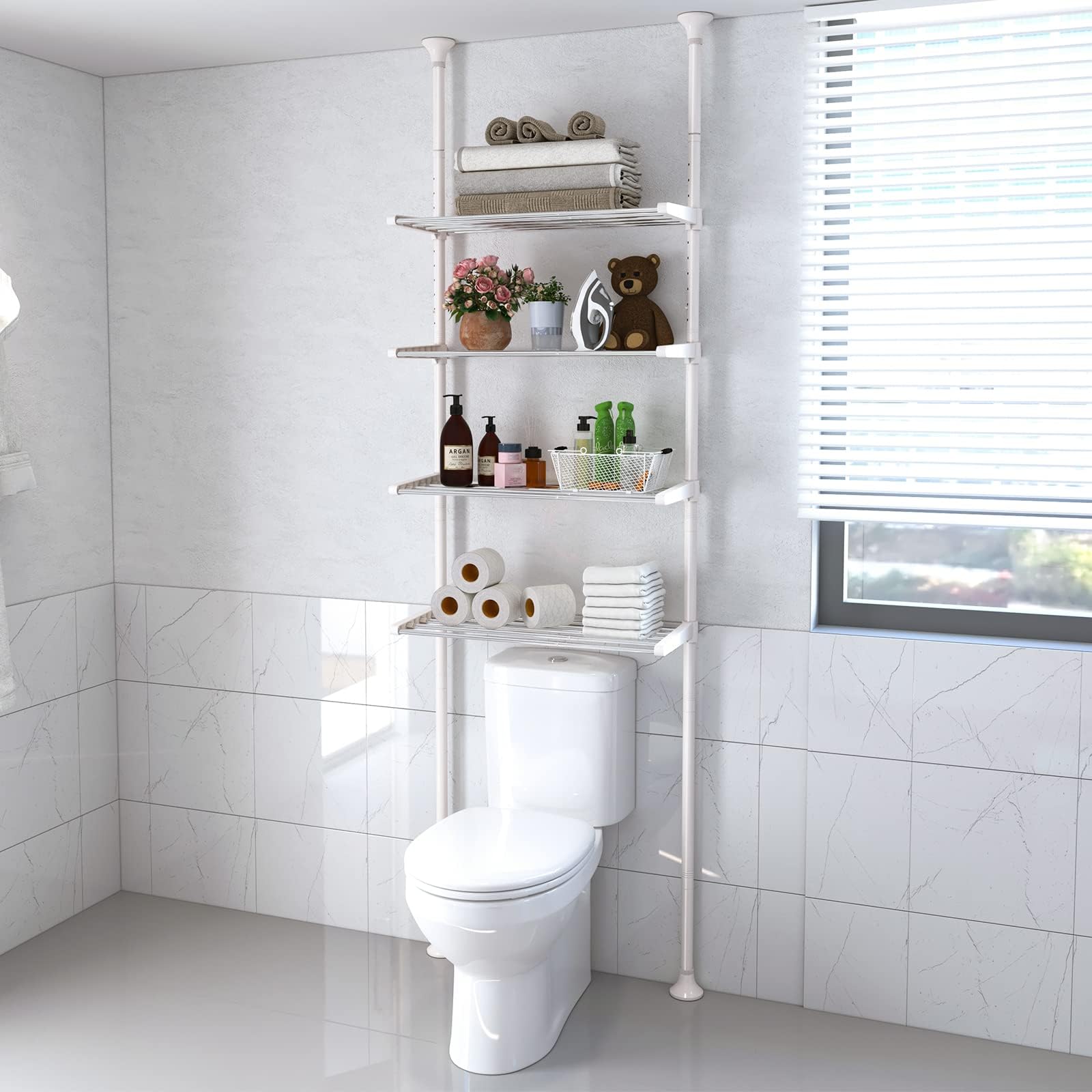 DAKEPOLE 4-Tier Toilet Storage Shelf, 246-295cm Adjustable Tension Pole Bathroom Organiser, Over Toilet Storage Unit Tall Standing Shelves for Over Washing Machine Storage, Space-Saving, White