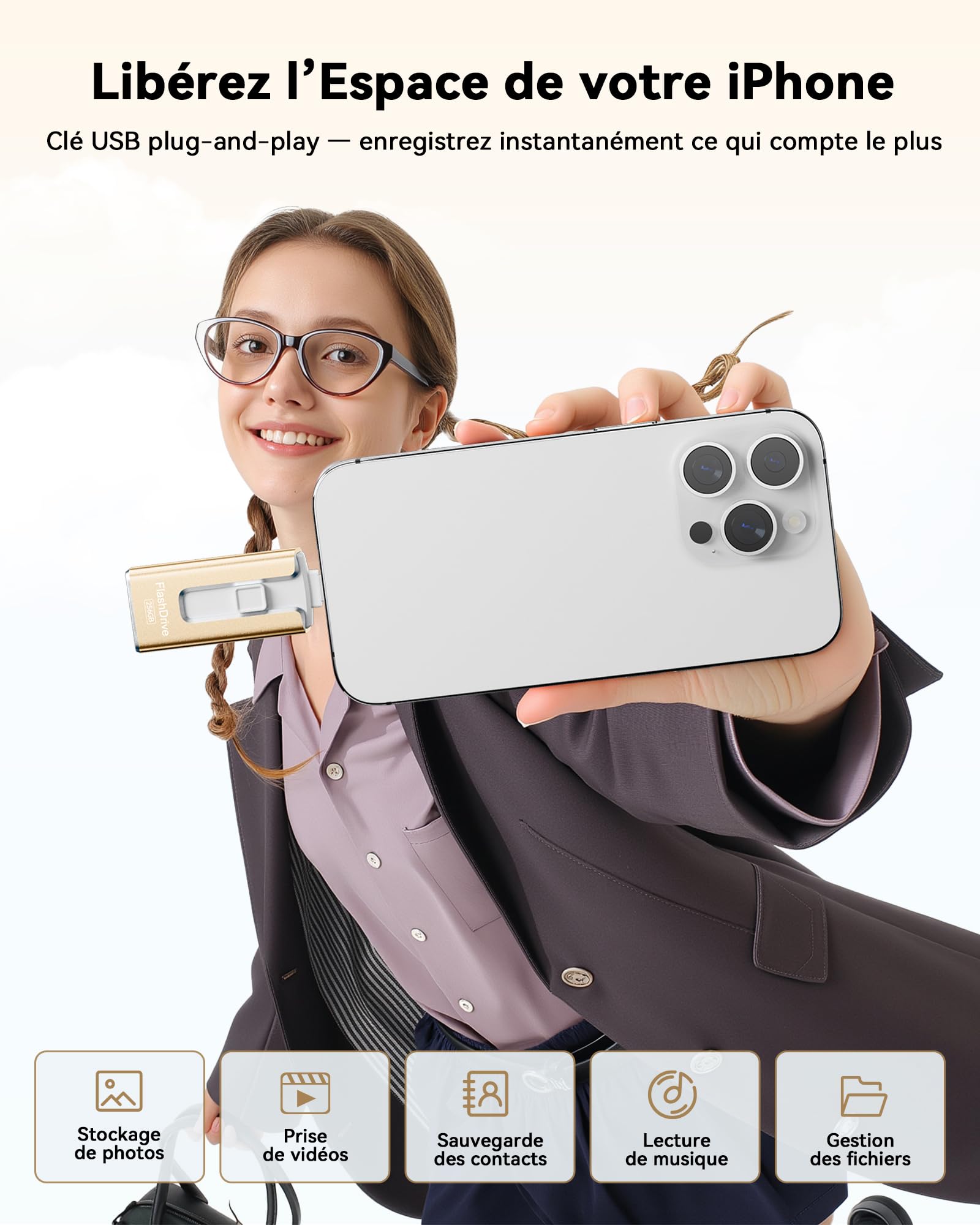 SUDEHO Chiavetta USB-C da 256 GB, chiavetta USB per iPhone, MFi certificata (oro) | Design 3 in 1 per iPhone, iPad, USB-C, Android e PC. Trasferimento ad alta velocità di foto, video e file.