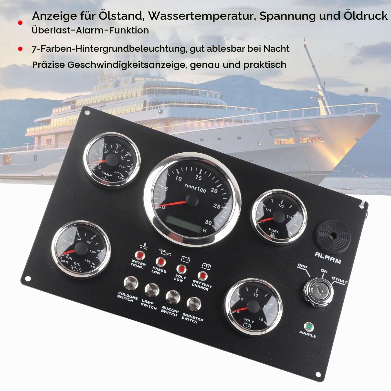 Bootsmessgerät-Set, Instrumententafel, 12 V, Spannungsanzeige, Drehzahlmesser, Wassertemperaturanzeige, Öldruckanzeige, Ölstandsanzeige Für Marineboote