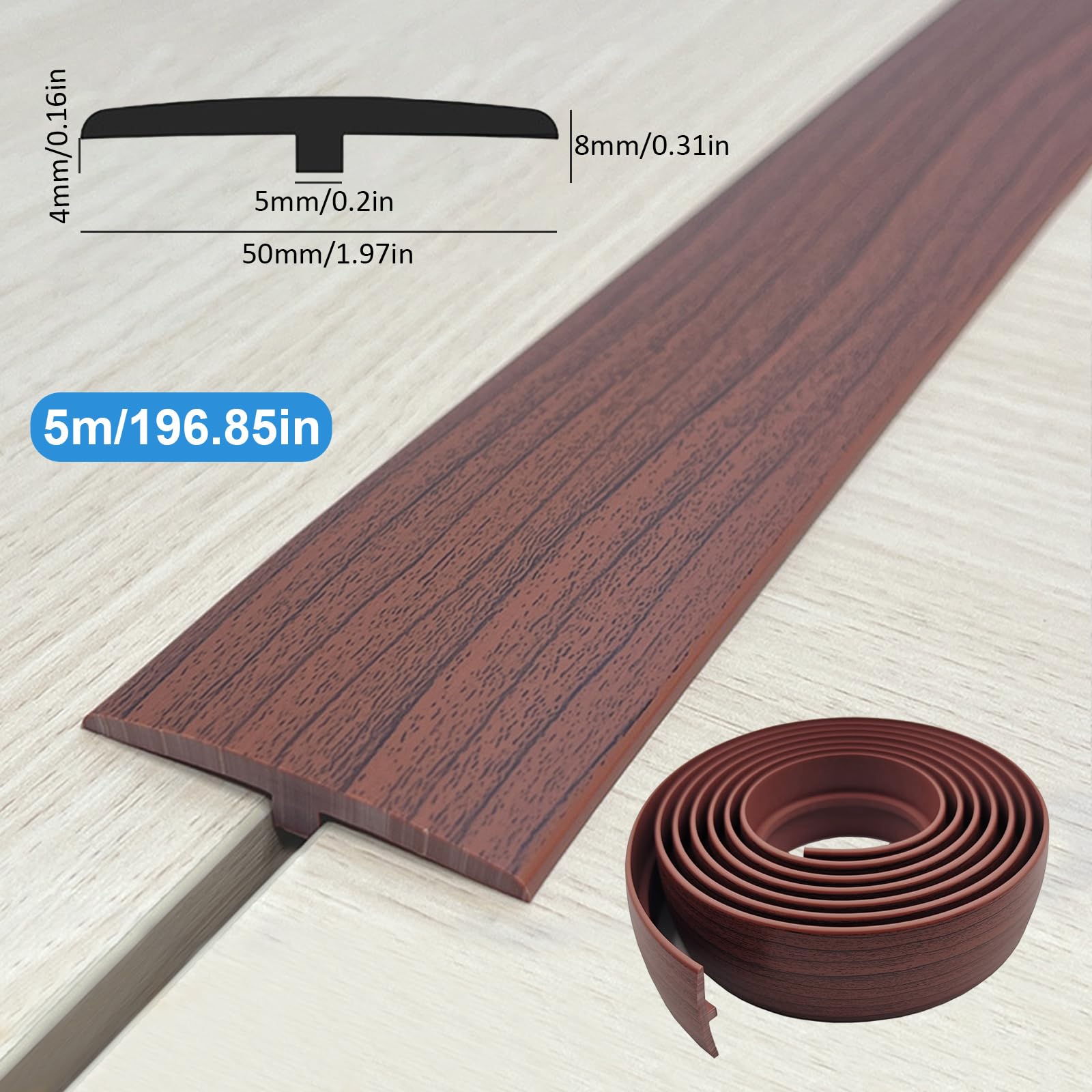 Perfil de transición autoadhesivo, ancho de 50 mm, autoadhesivo, tira de transición de PVC en T, flexible en forma de T, tiras de transición para laminado/MDF y suelos de madera (nogal, 5 m)
