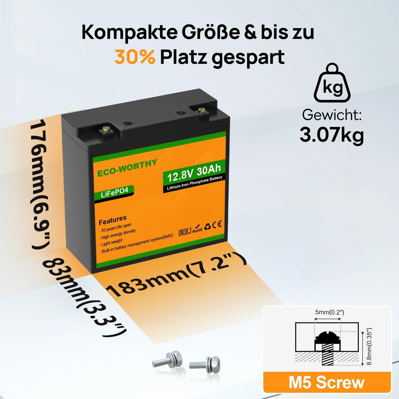 ECO-WORTHY LiFePO4 Batterie 12V 30Ah mit BMS Schutz und Max. 15000 Zyklen,384Wh Lithium Camping Batterie 12V 30Ah für Wohnmobile,Trolling-Motor,Boot
