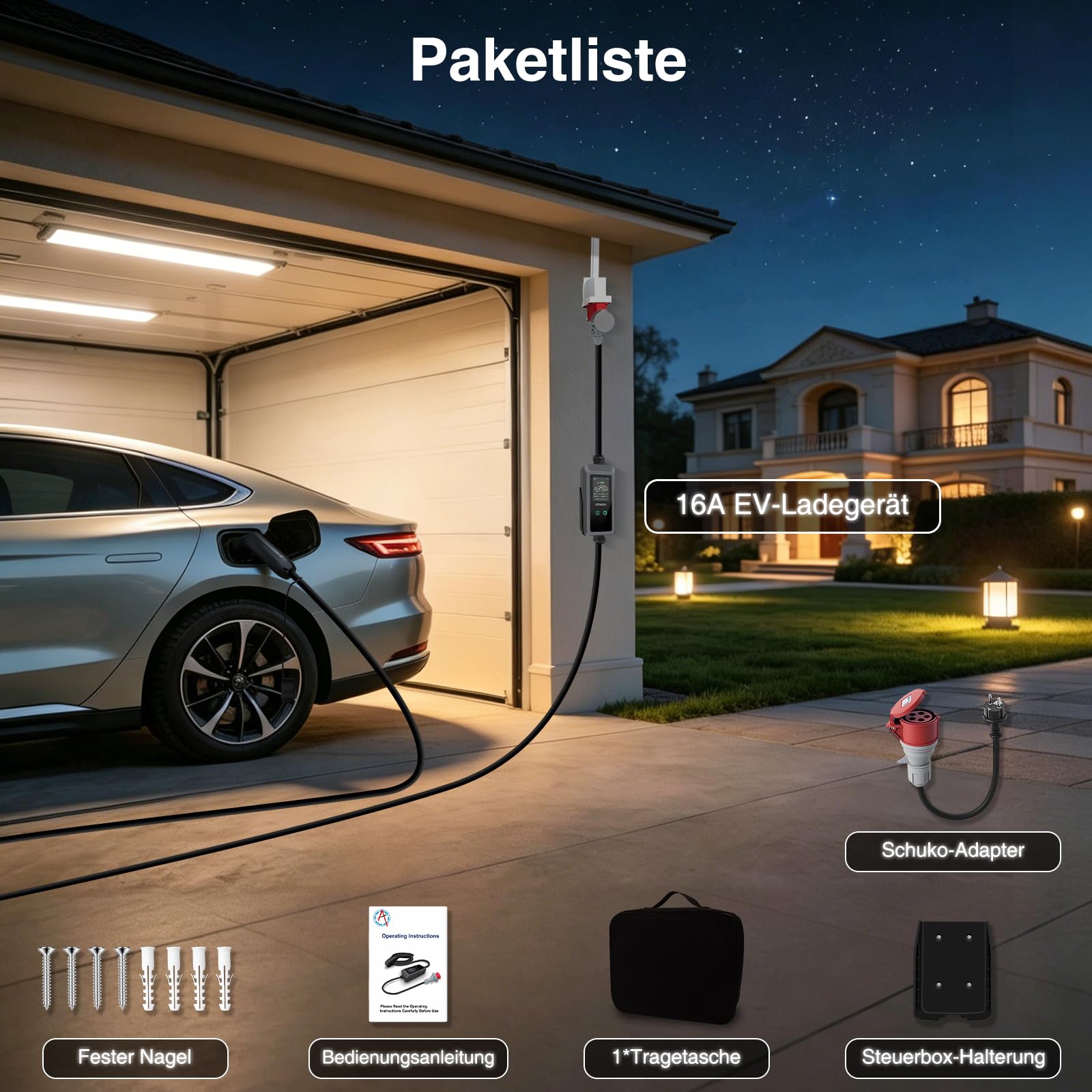 Mobile Wallbox 11kW mit Stromzähler 7m, 3-phasig, 8-16A, CEE 16A auf Typ 2 Ladekabel mit Einstellbarer Ladeleistung, für Allen EVs(IEC 62196-2) & PHEVS