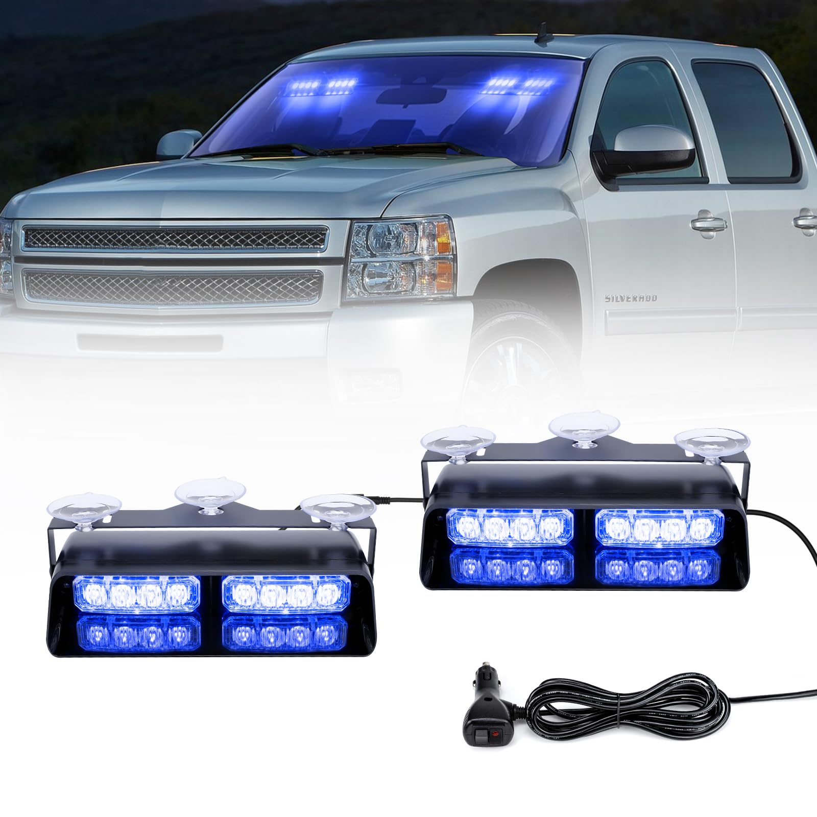 2 in 1 Blue Windshield Dash Strobe Lights, 2PCS Front/Rear Car Windshield Strobe Recovery Lights, 16-LED 18 Modes Safety Flashing Warning Beacon Lights For Trucks Van Snowplow, S2-B