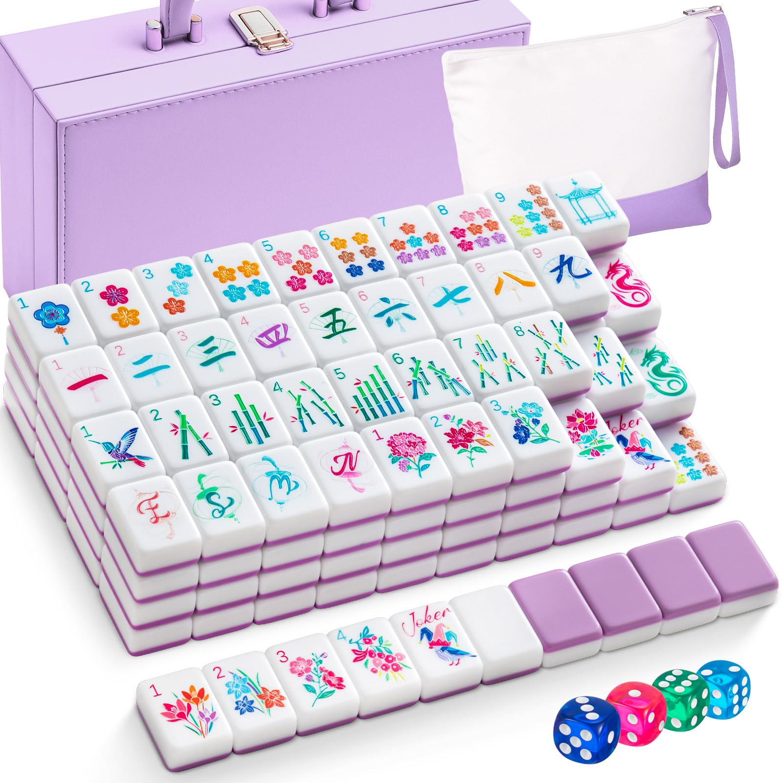 Soulchen 1.2 Inch Acrylic American Mahjong Set 168 Blossom Numbered Tiles, Tiles Bag and Portable Travel Case Classic Complete Mahjong Set for Adult Collection Gift(Light Purple) โ image 1