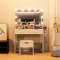 Vista 7 de Tocador de maquillaje con espejo iluminado y toma de corriente, juego de tocador de mesa de maquillaje con 3 colores de iluminación, brillo