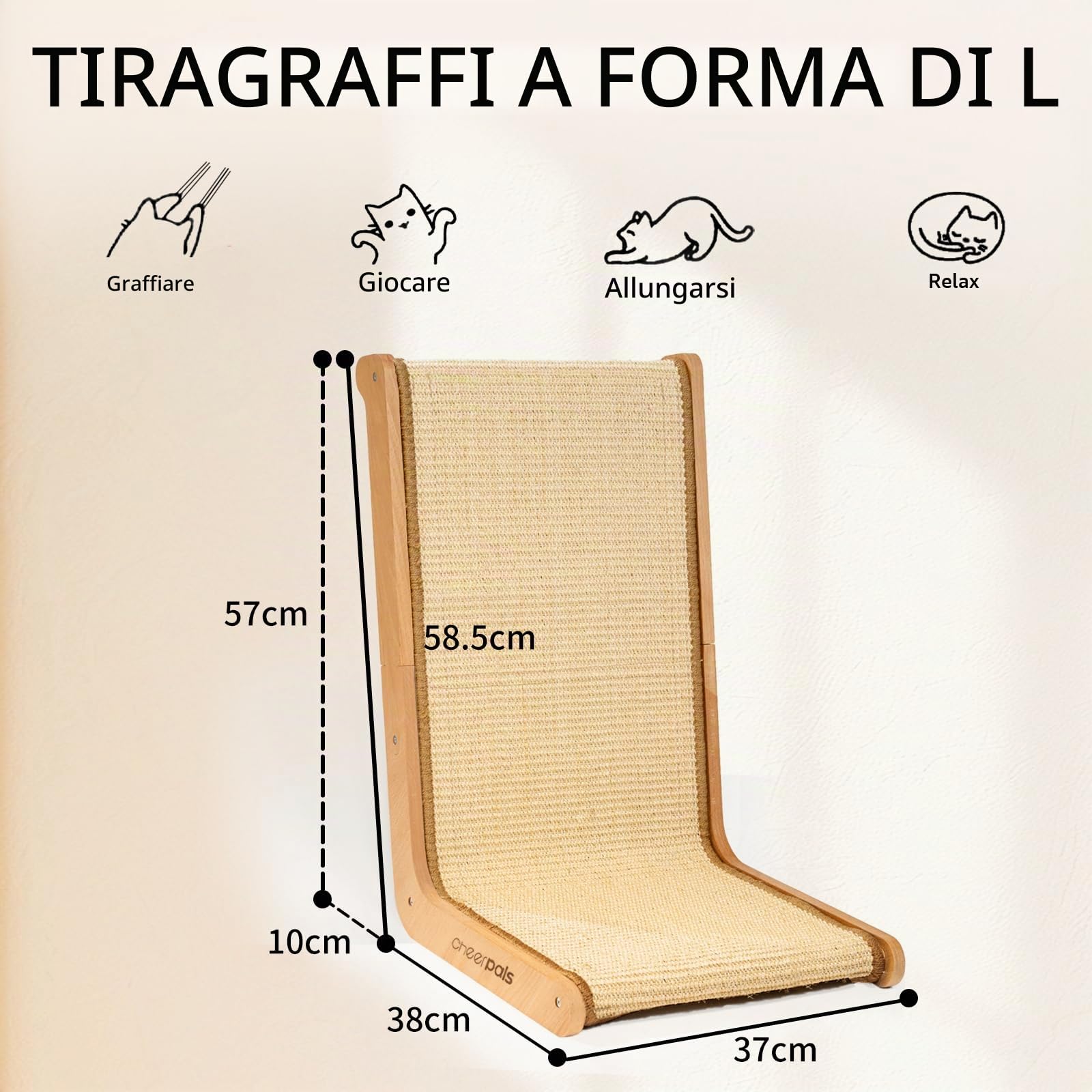 CheerPals Tiragraffi per gatti a forma di L, in legno di faggio massiccio, design a 105° | Tappetino tiragraffi in sisal naturale, grande 58 x 37 x 48 cm, mobili per animali domestici per tutti i gatti