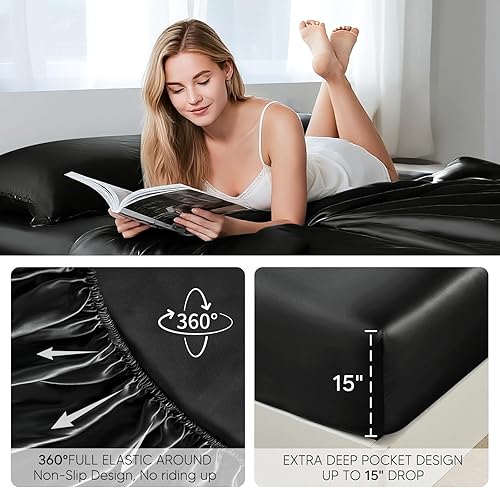 Miniatura 3 de Tokokimo Sábanas de satén tamaño King de 4 piezas  16 pulgadas de profundidad de bolsillo profundo, sábanas de cama suaves y sedosas, sin arrugas,